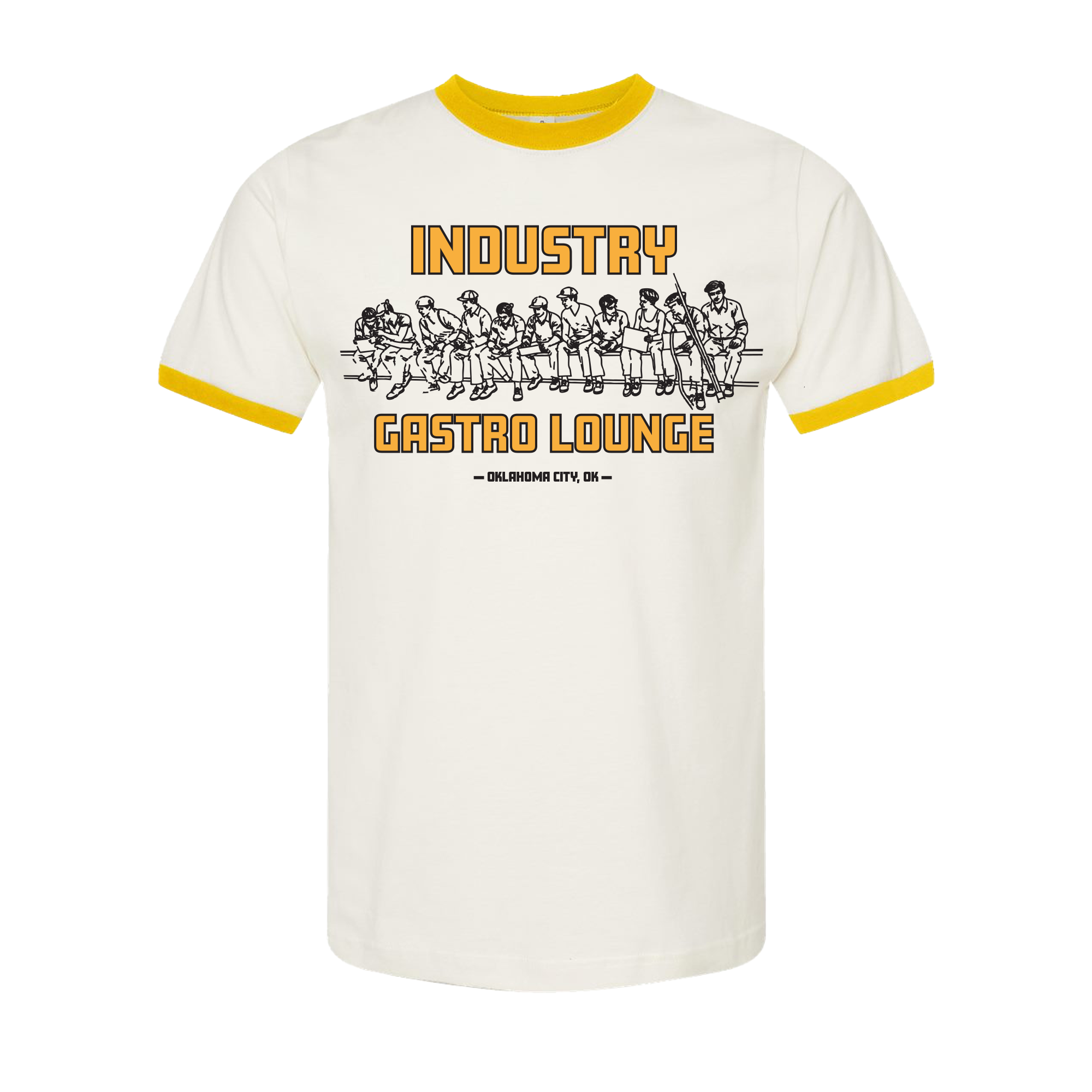 Merchandise and Apparel - White T-shirt with yellow collar and sleeve accents,  "INDUSTRY GASTRO LOUNGE" and smaller text underneath stating "OKLAHOMA CITY, OK".