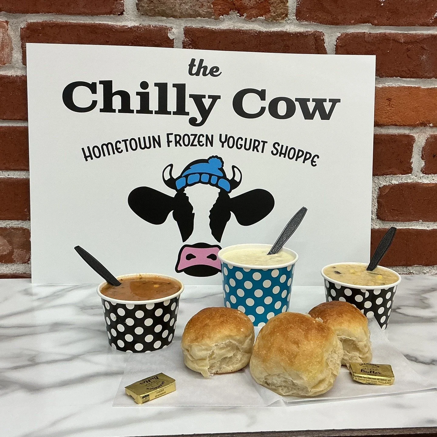 We know it&rsquo;s cold outside but come on in for some delicious frozen yogurt. We now are offering warm soup and sourdough rolls from Grit D Grange for these chilly days. Today our soups are Clam Chowder and Southwest Corn Chowder. Our specialty yo