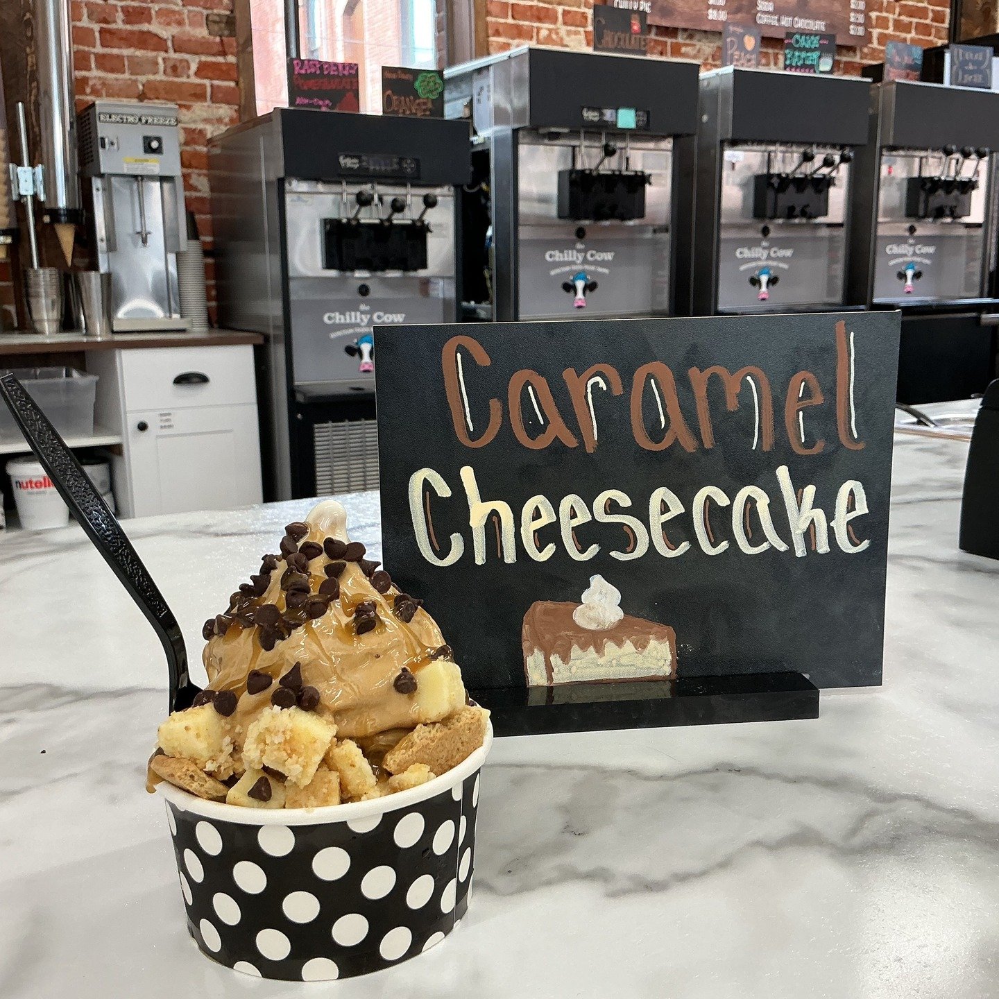 We added no sugar Cheesecake to the yogurt lineup today! Come try a delicious Caramel Cheesecake special~Dulce de LECHE &amp; NSA Cheesecake swirl, cheescake pieces, graham crackers, and topped with mini chocolate chips with a caramel drizzle. Our so