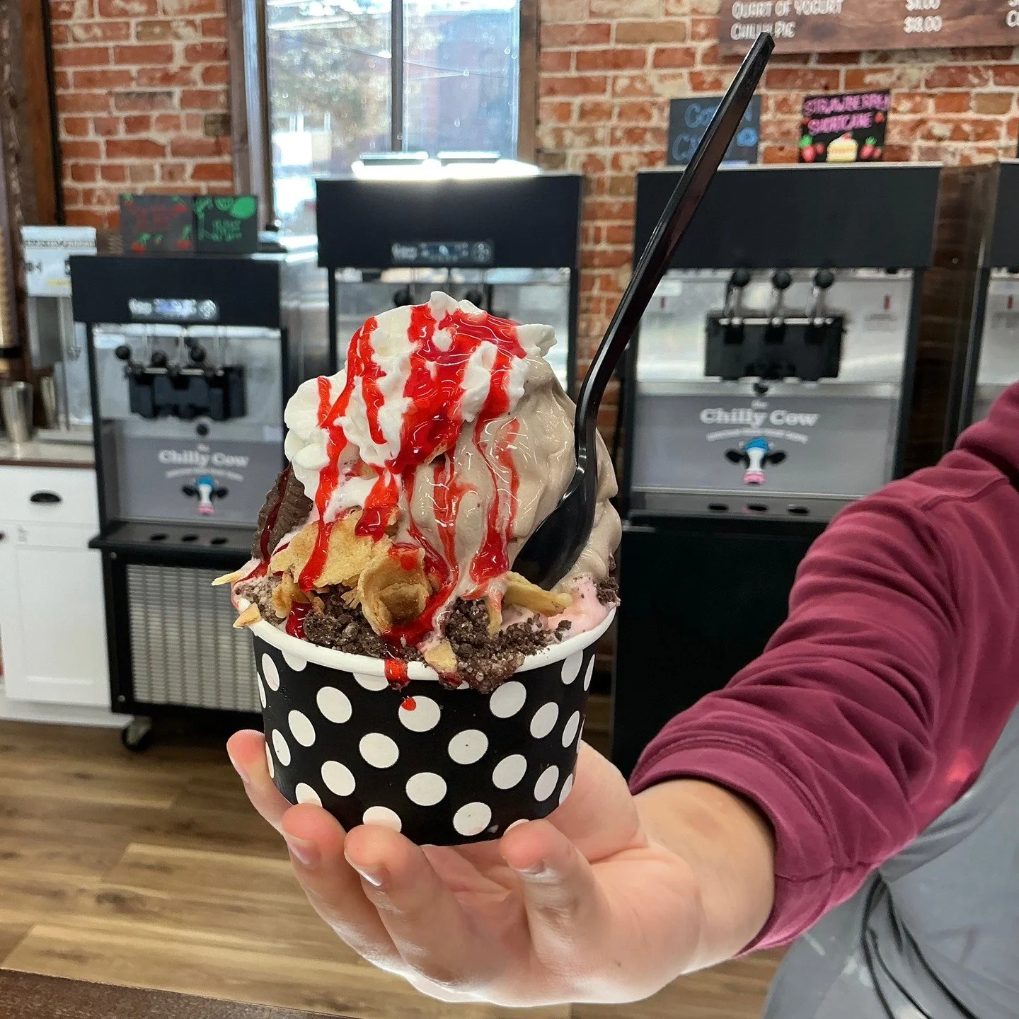 Try our Strawberry Cream Crunch&hellip;Strawberry Shortcake and Cookies N Cream yogurt, Oreos, Waffle Cone Pieces, Strawberries, Whip, and a Strawberry Drizzle