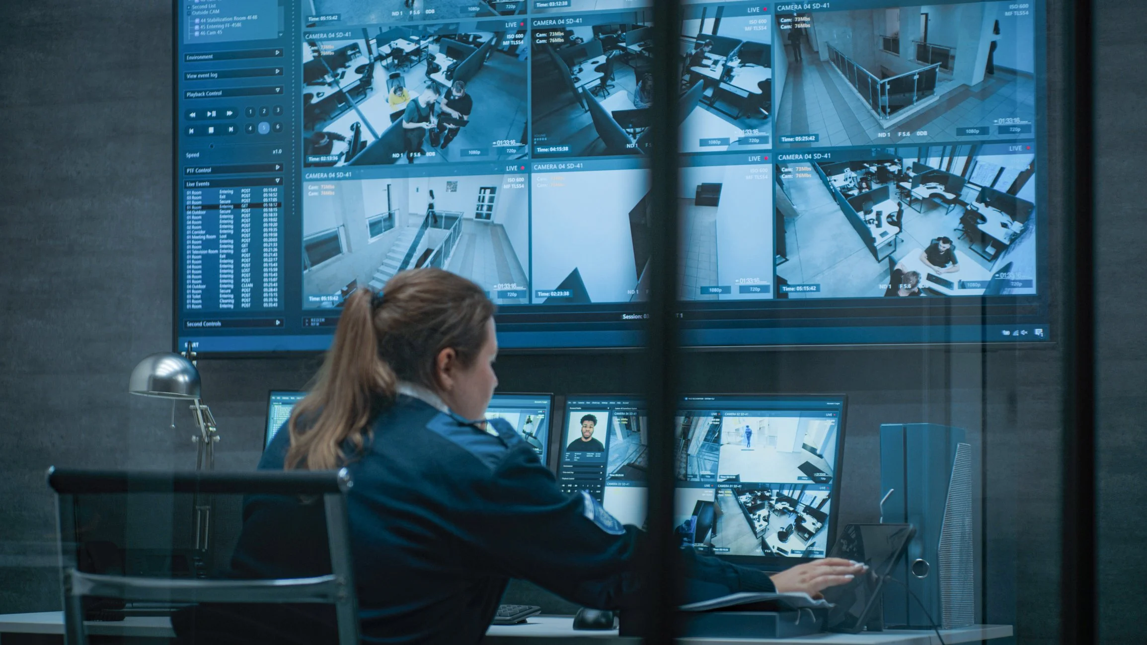 A woman in a security uniform monitors surveillance camera screens in a control room, with multiple screens displaying different camera feeds of a building's interior.