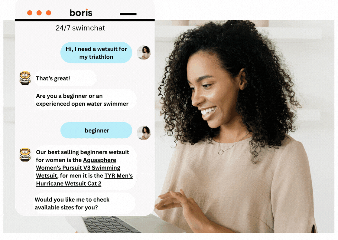 A woman smiling while engaging in an online chat about wetsuits for triathlon, with a chat window and profile pictures visible.