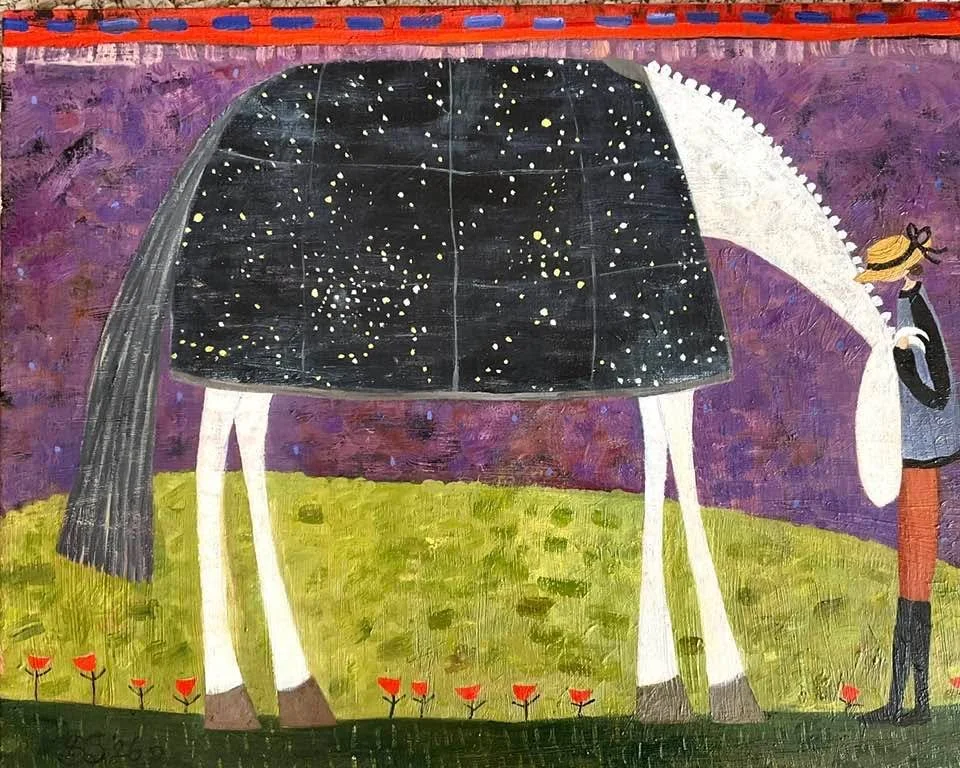 GALAXY. oil on canvas. 16&rdquo;x12&rdquo;. Come see us in Midway during Keeneland or the KY3Day!  New work on canvas &amp; unique gifts. 
Throw Me A Carrot LLC 140 E. Main St www.ellenskidmore.com #keeneland #kentuckythreedayevent