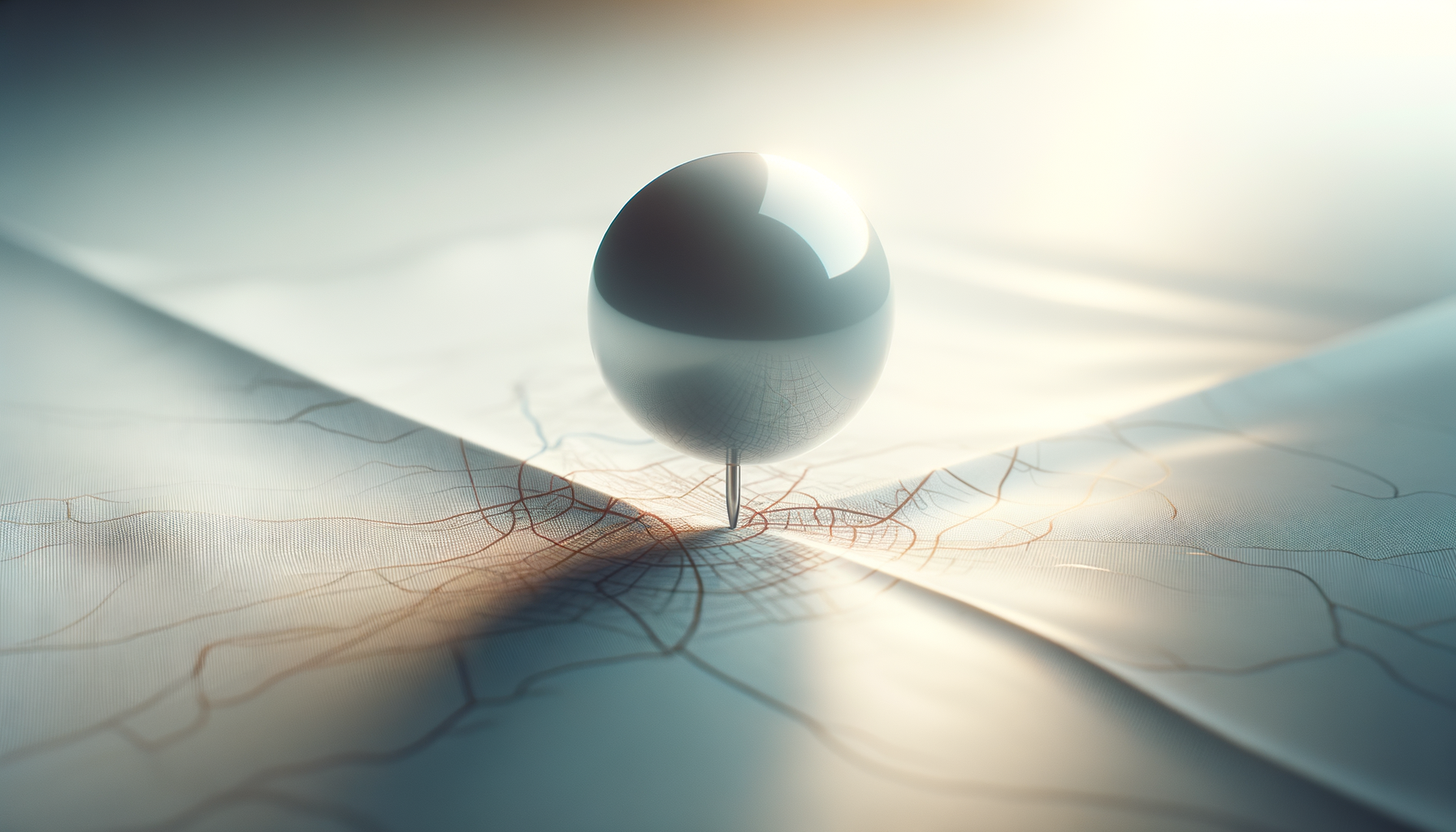 Una bola metálica en color gris oscuro sobre un mapa con rutas resaltadas, con luz brillante y sombra visible.