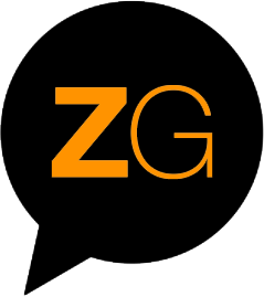 Black speech bubble with orange letters 'ZG' inside