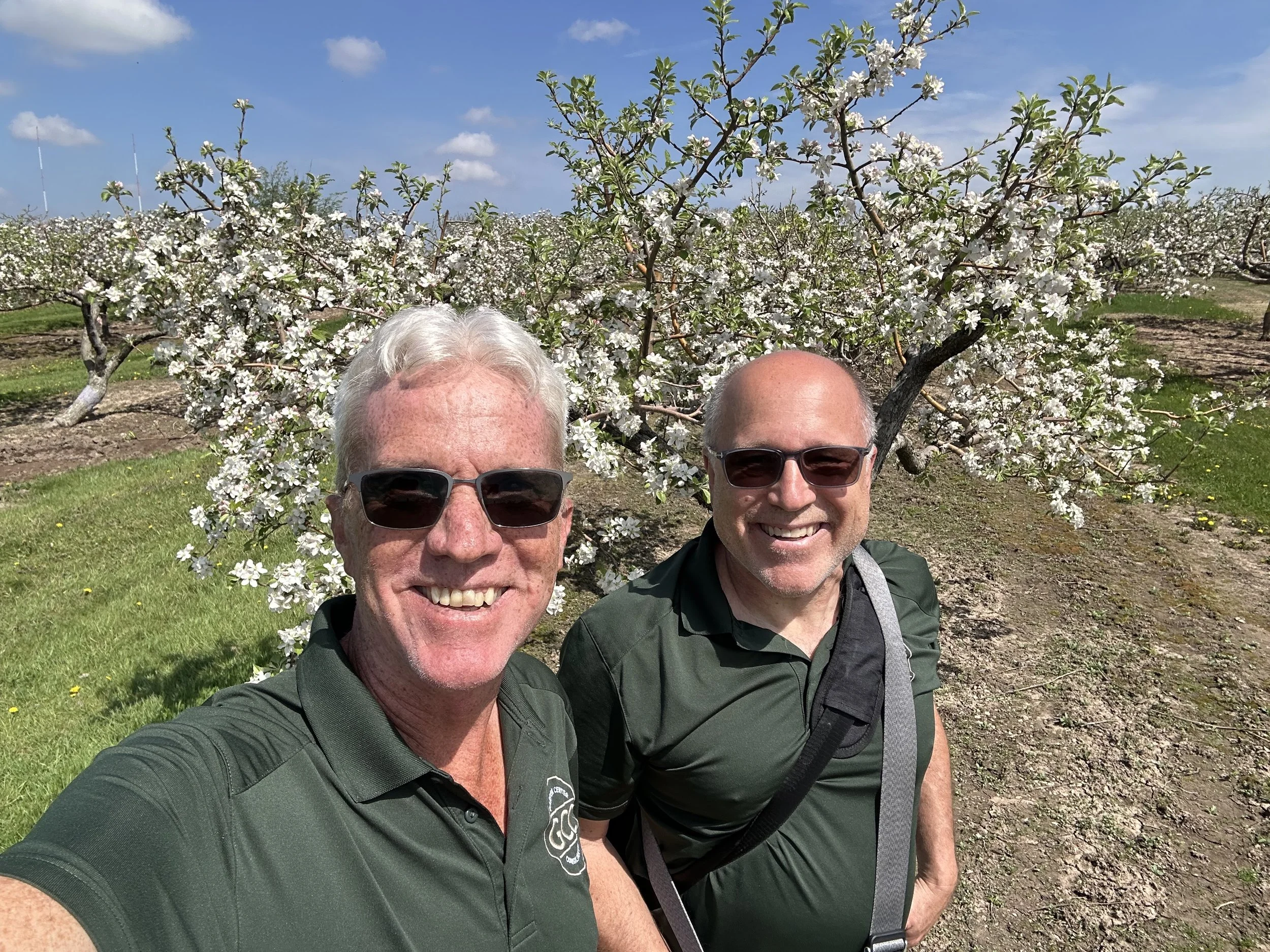 Two smiling men wearing sunglasses and green shirts taking a selfie outdoors in front of blooming cherry trees on a sunny day.