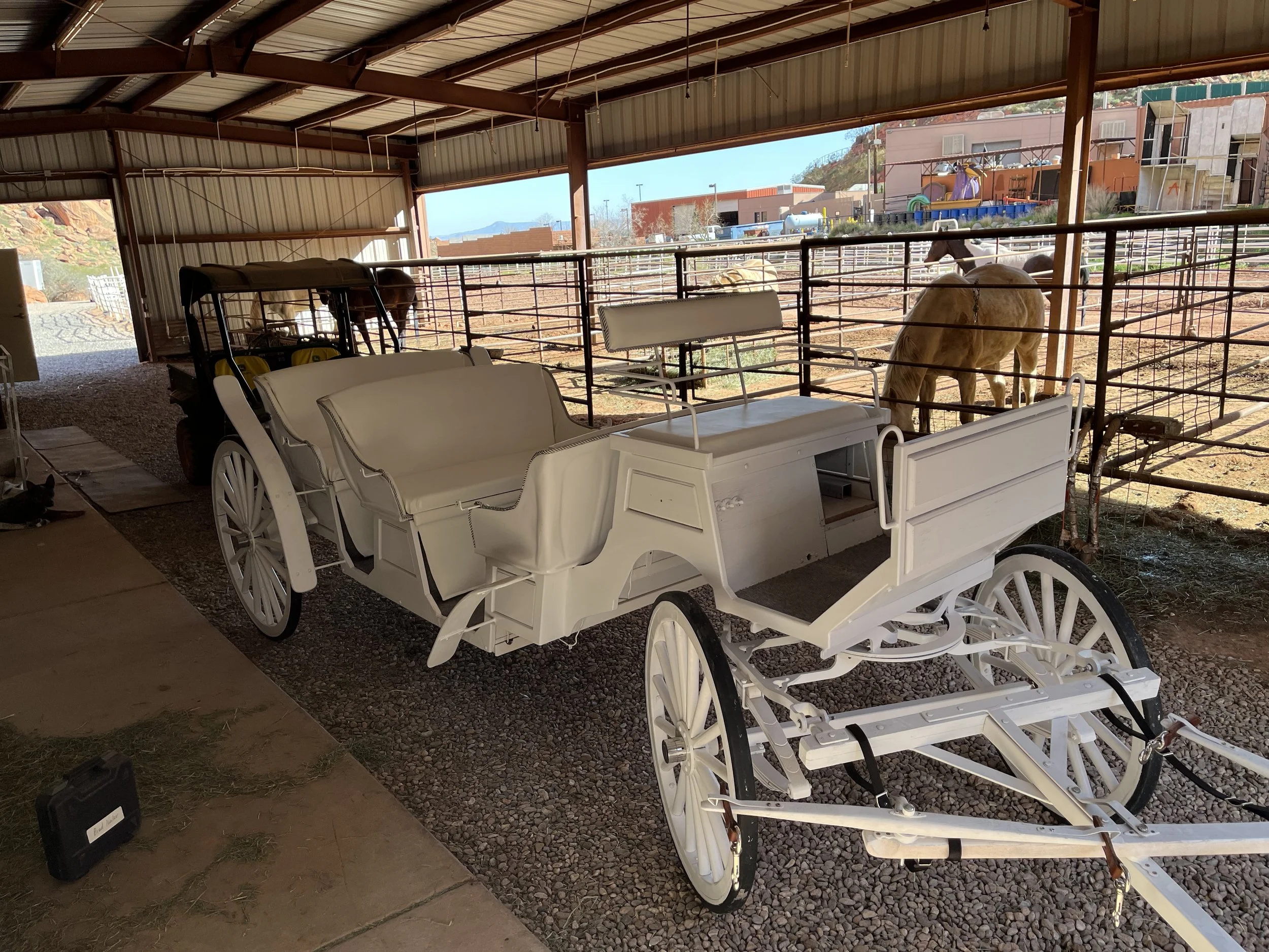 Horse Drawn Carriage, Reupholstered in White Vinyl; for Tuacahn Amphitheater