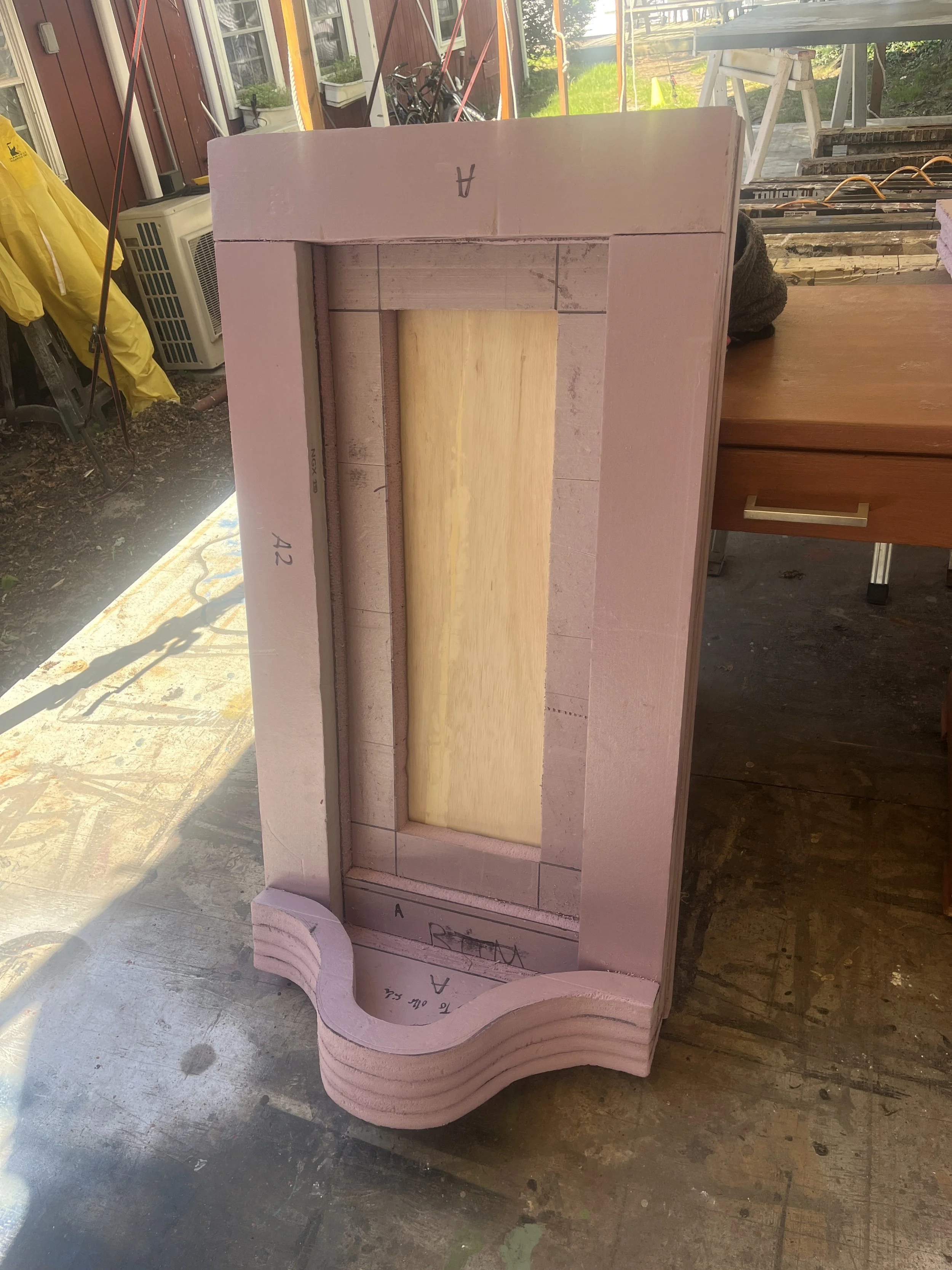 Precut foam pieces glued together, pre-carving preparation for "Ain't Too Proud" Urinals