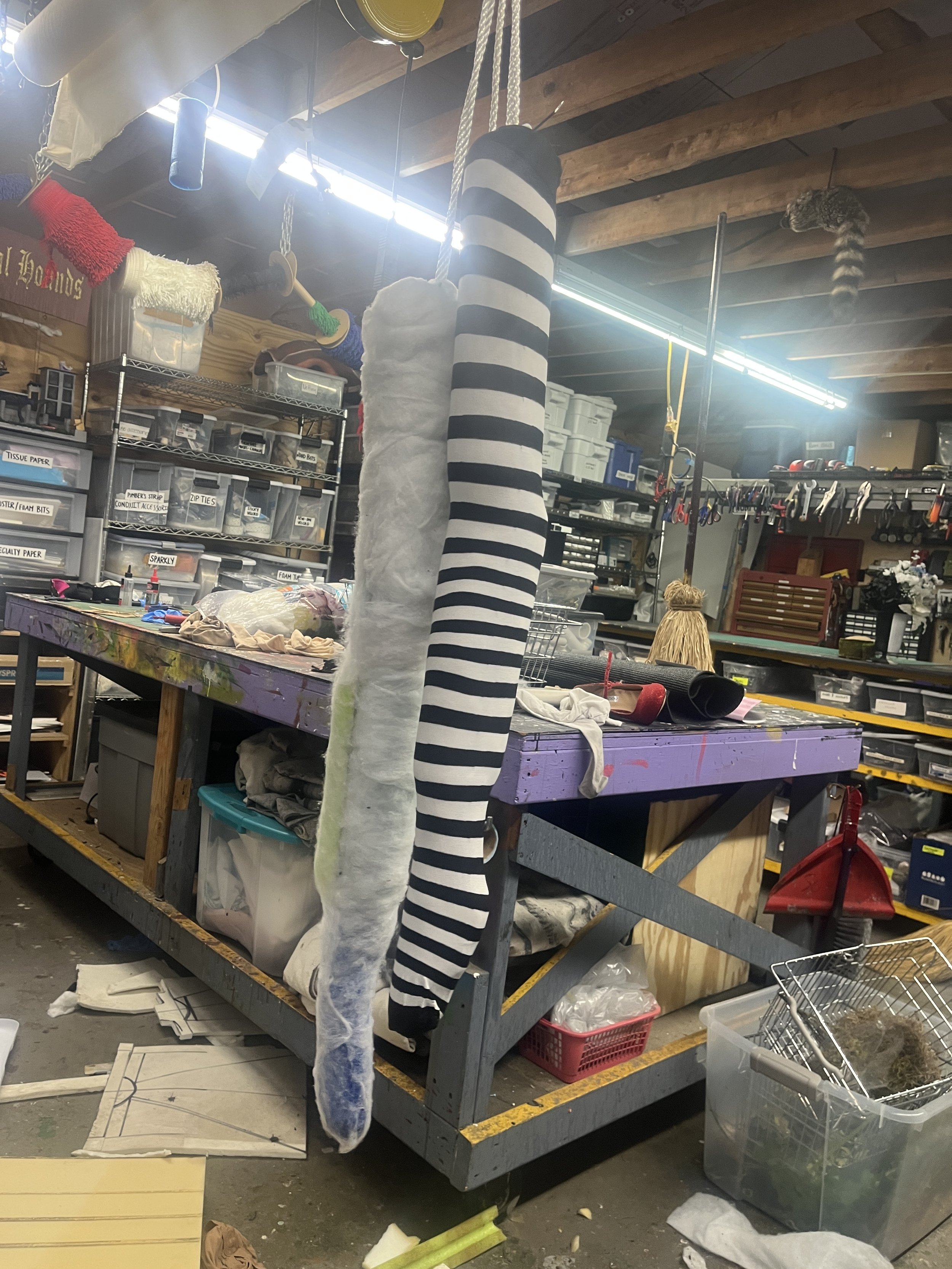 "Muscles" of dummy legs built up from furniture batting 