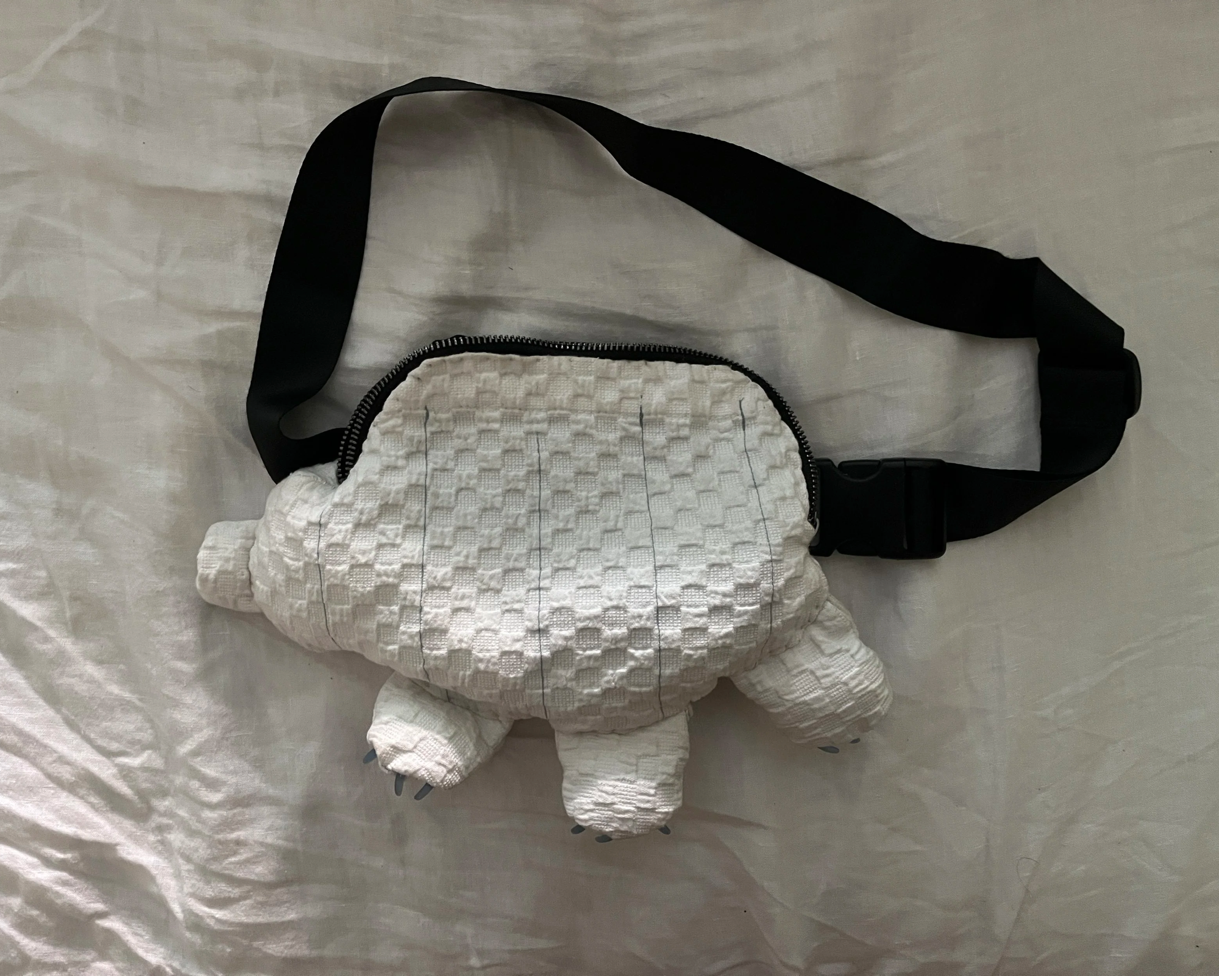 "Water Bear" plush bag: fanny pack, shower curtain, and glass beads