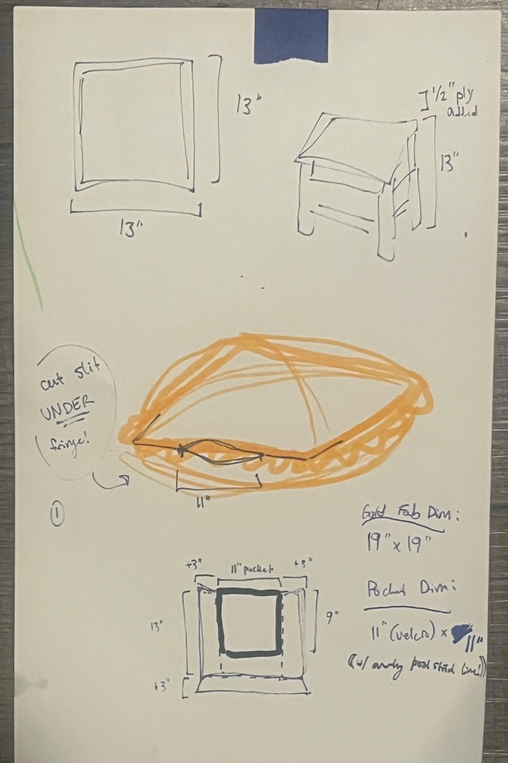 Dimensions and Pattern Concept Sketches for Footstool with Hidden Pocket
