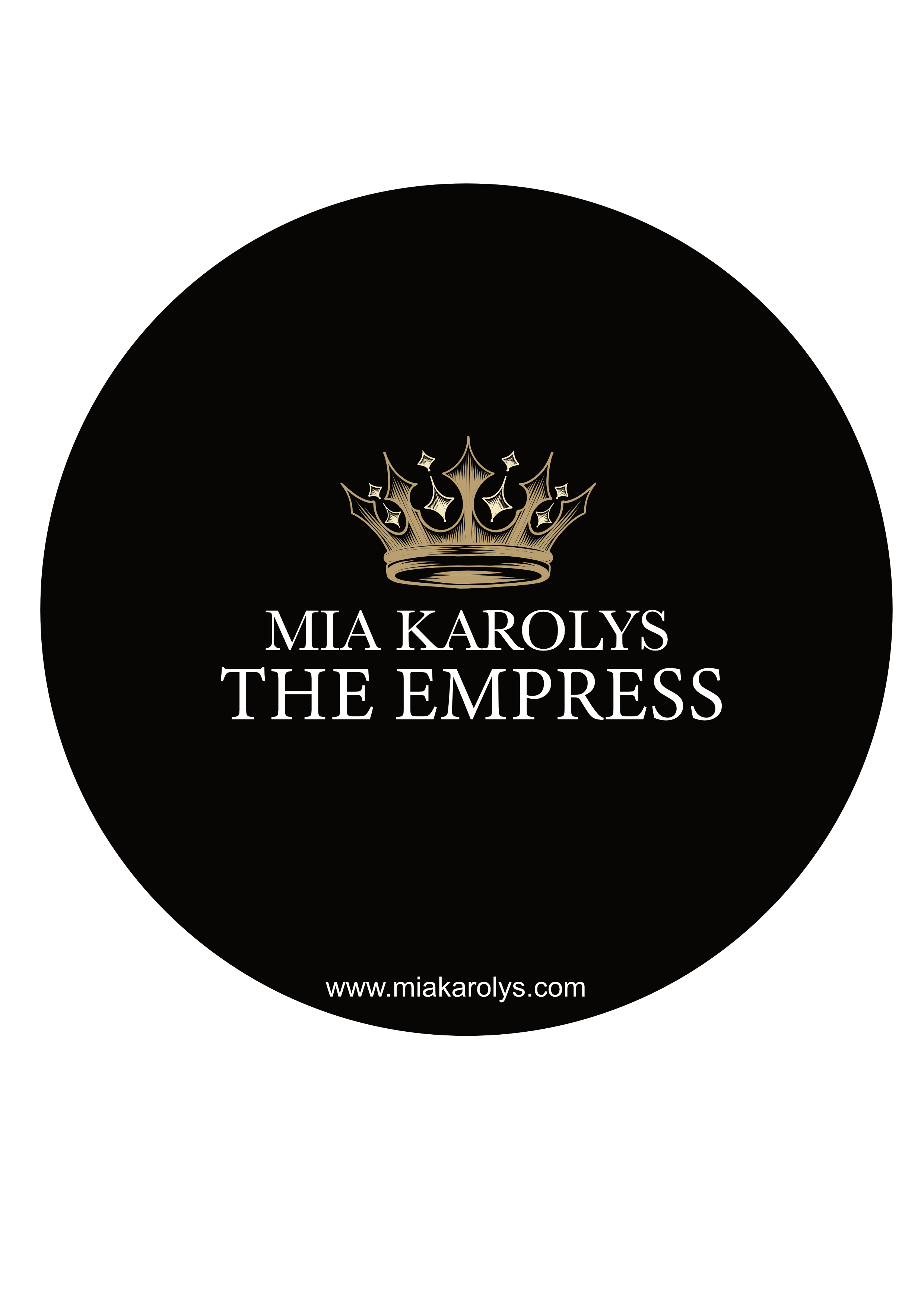 Cover of a black book or magazine with a gold crown icon and the text 'Mia Karolys The Empress' and the website www.miakarolys.com