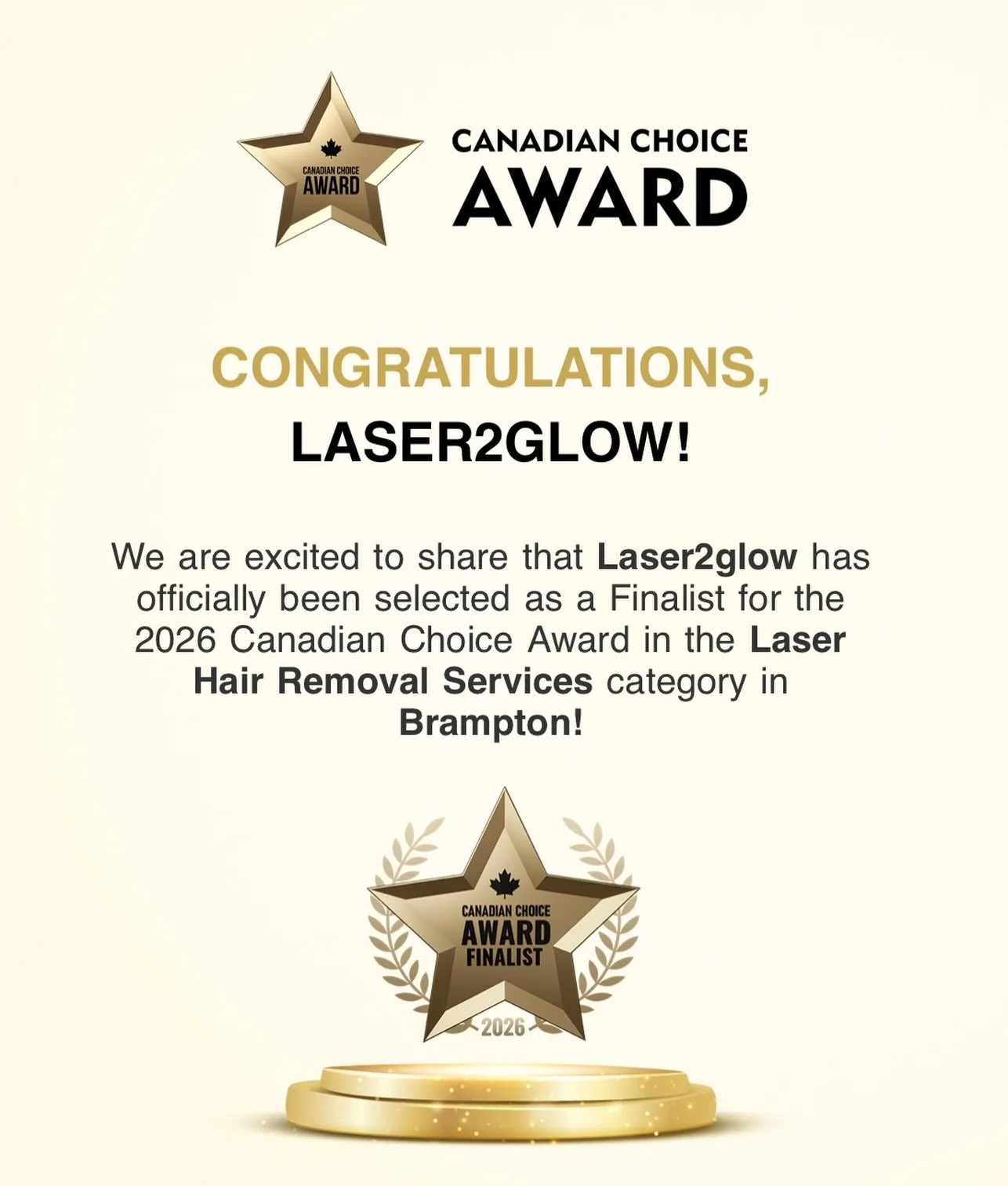 I&rsquo;m honestly speechless 🥹🤍
Laser2Glow has been selected as a Finalist for the 2026 Canadian Choice Award in Laser Hair Removal Services (Brampton) 🏆
From day one till today &mdash; every appointment, every review, every referral&hellip; it a