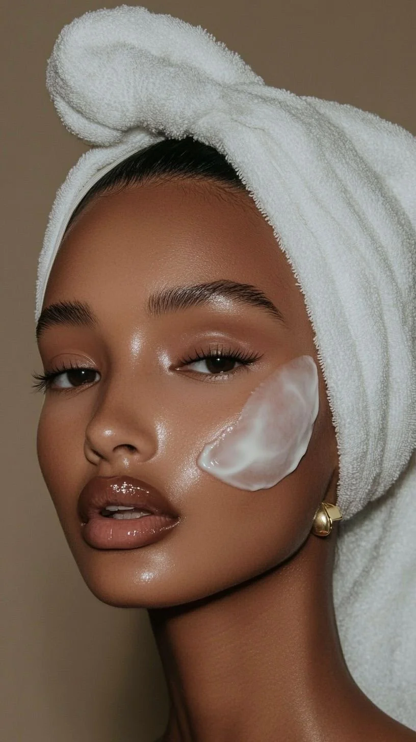 A woman with a towel wrapped around her head, applying a facial cream to her cheek, with smooth and glowing skin.