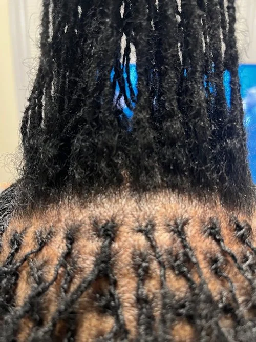 Close-up of a person with freshly braided hair, showing tiny individual braids near the scalp and twisted dreadlocks on top.