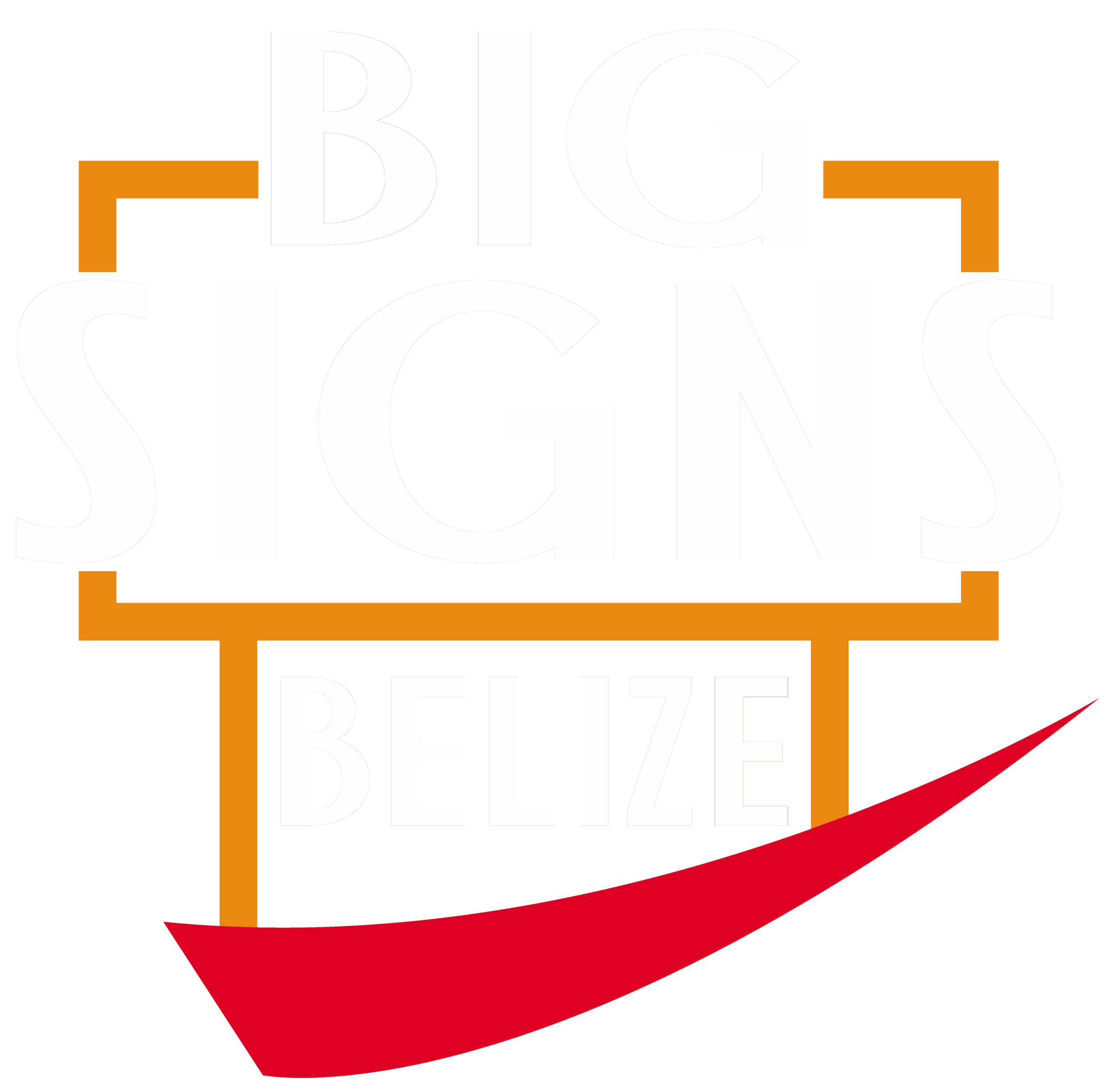 Bold white text reading 'BIG SIGNS BELIZE' on a black background, framed by orange corner and a red swoosh at the bottom.