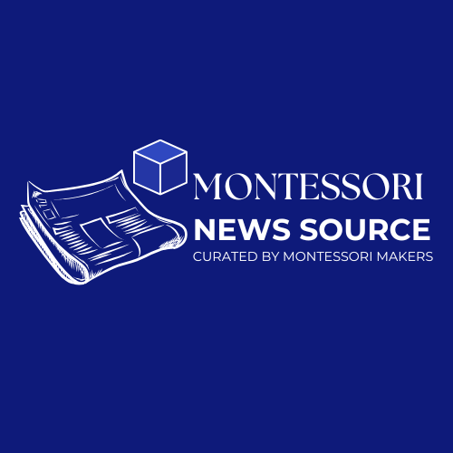 Montessori News Source logo with a newspaper and a cube on a blue background.