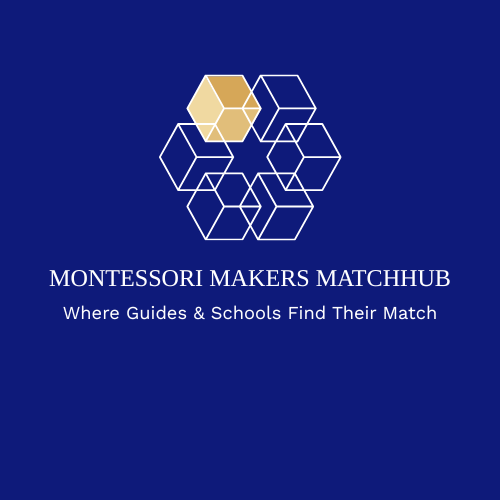 Logo for Montessori Makers Matchhub with interconnected hexagons and text 'Where Guides & Schools Find Their Match' on a dark blue background