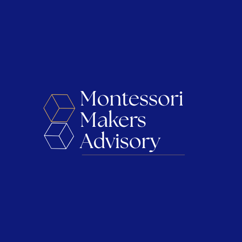 Montessori Makers Advisory logo on a blue background with geometric hexagon design.