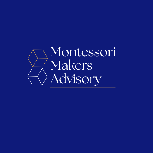 Montessori Makers Advisory logo on a blue background with geometric hexagon design.
