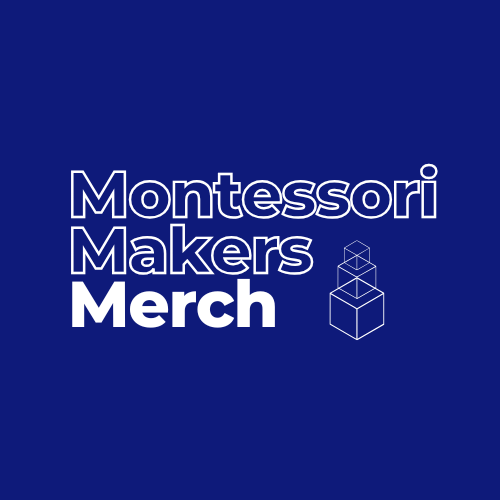 Montessori Makers Merch logo on a dark blue background with white and black text and a graphic of stacked boxes.