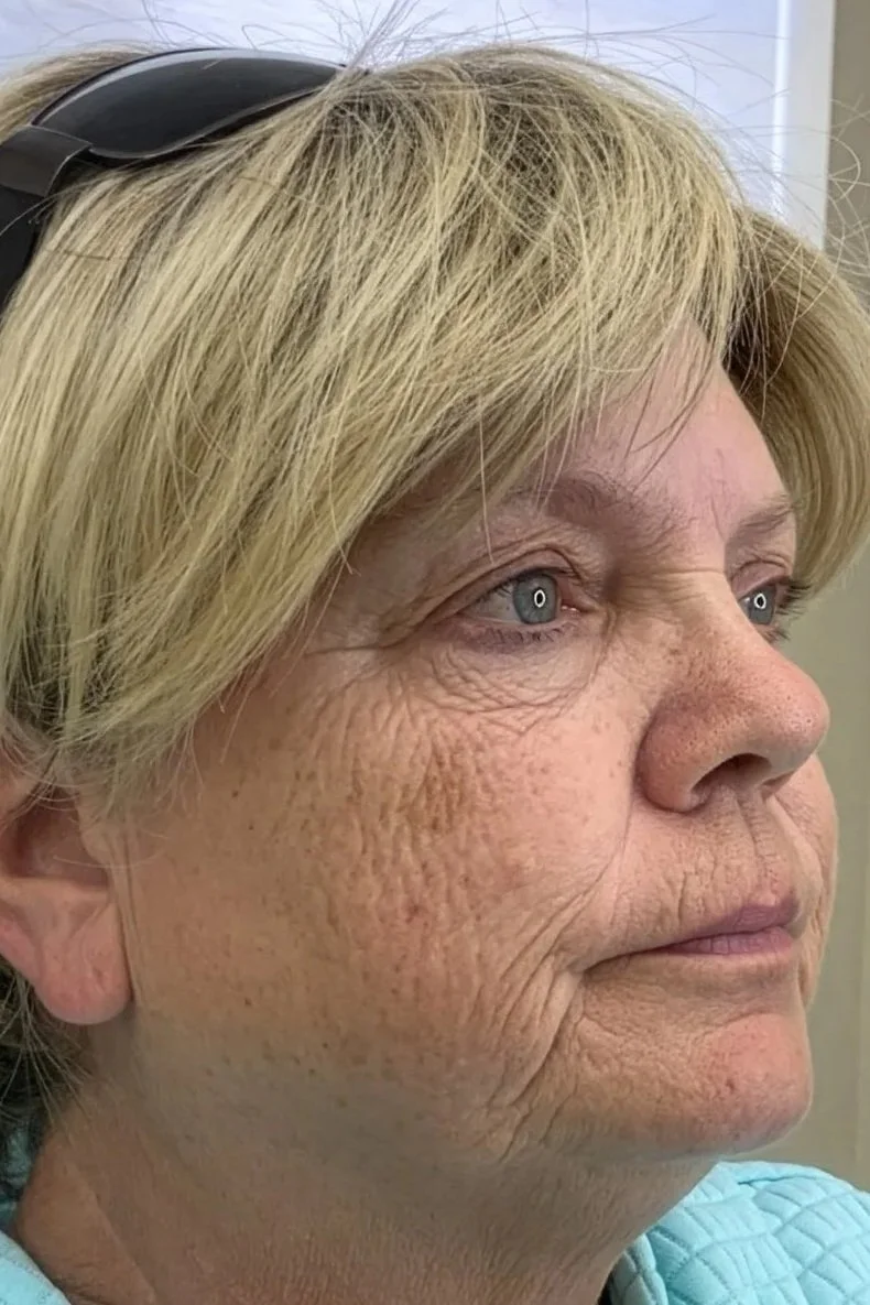 Close-up of an elderly woman's face with visible wrinkles and age spots, wearing a dark headband and a light blue garment. This is before the use of Lumecca.