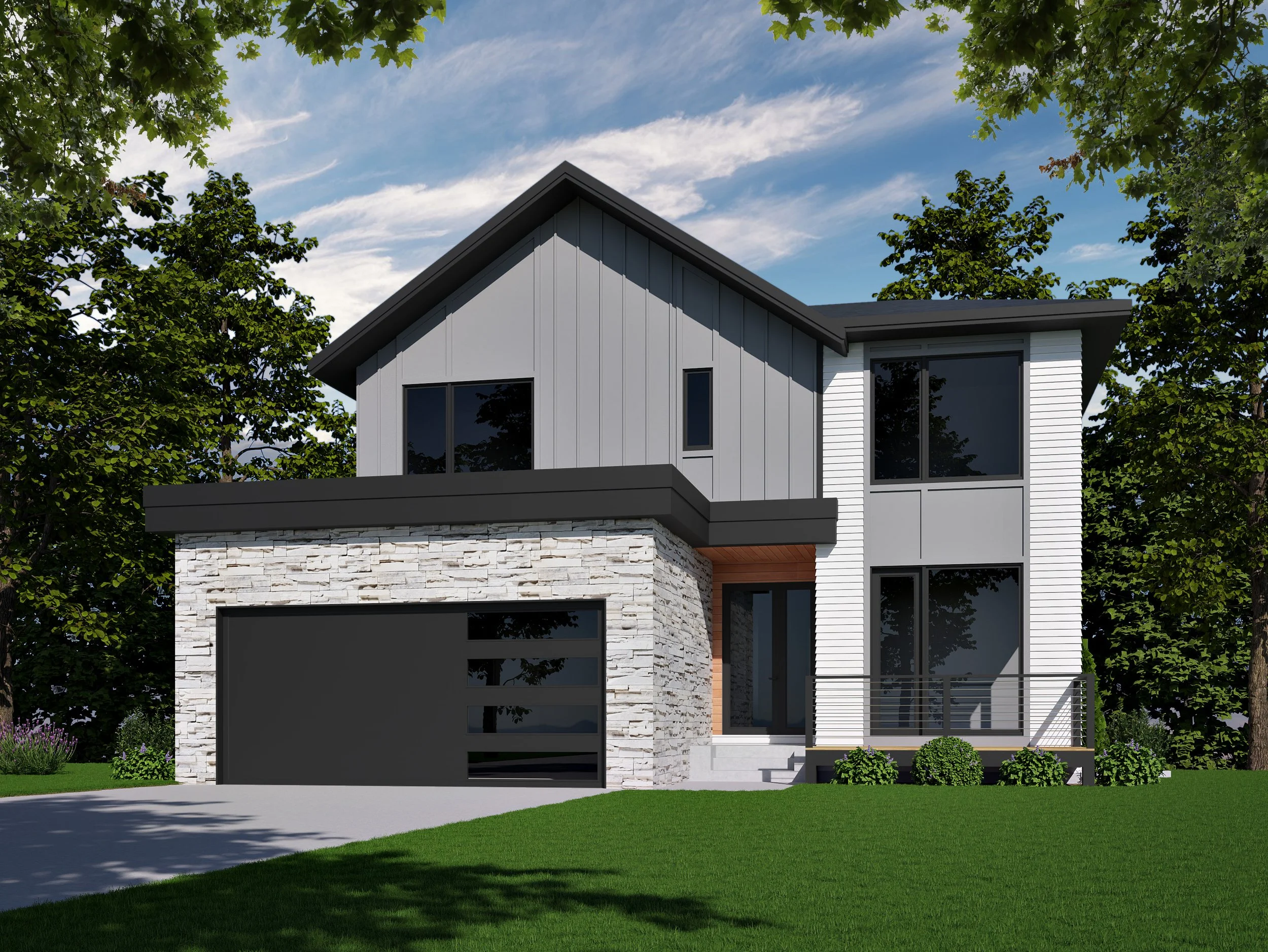 Modern two-story house with a gray and white exterior, black garage door, large windows, surrounded by trees and a green lawn, under a partly cloudy sky.
