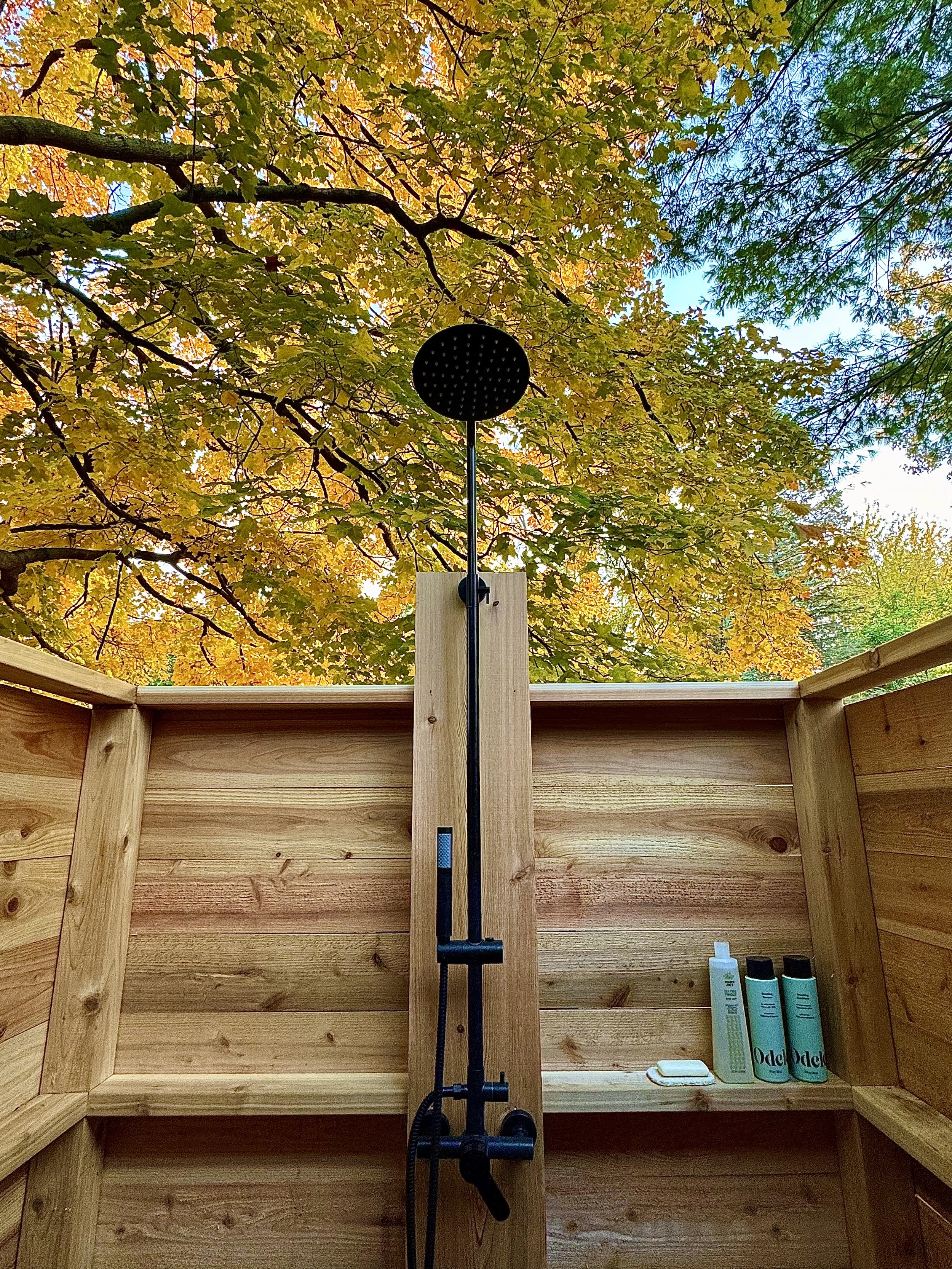 Outdoor shower with a black showerhead, wooden walls, bottles of toiletries, and fall foliage visible above.
