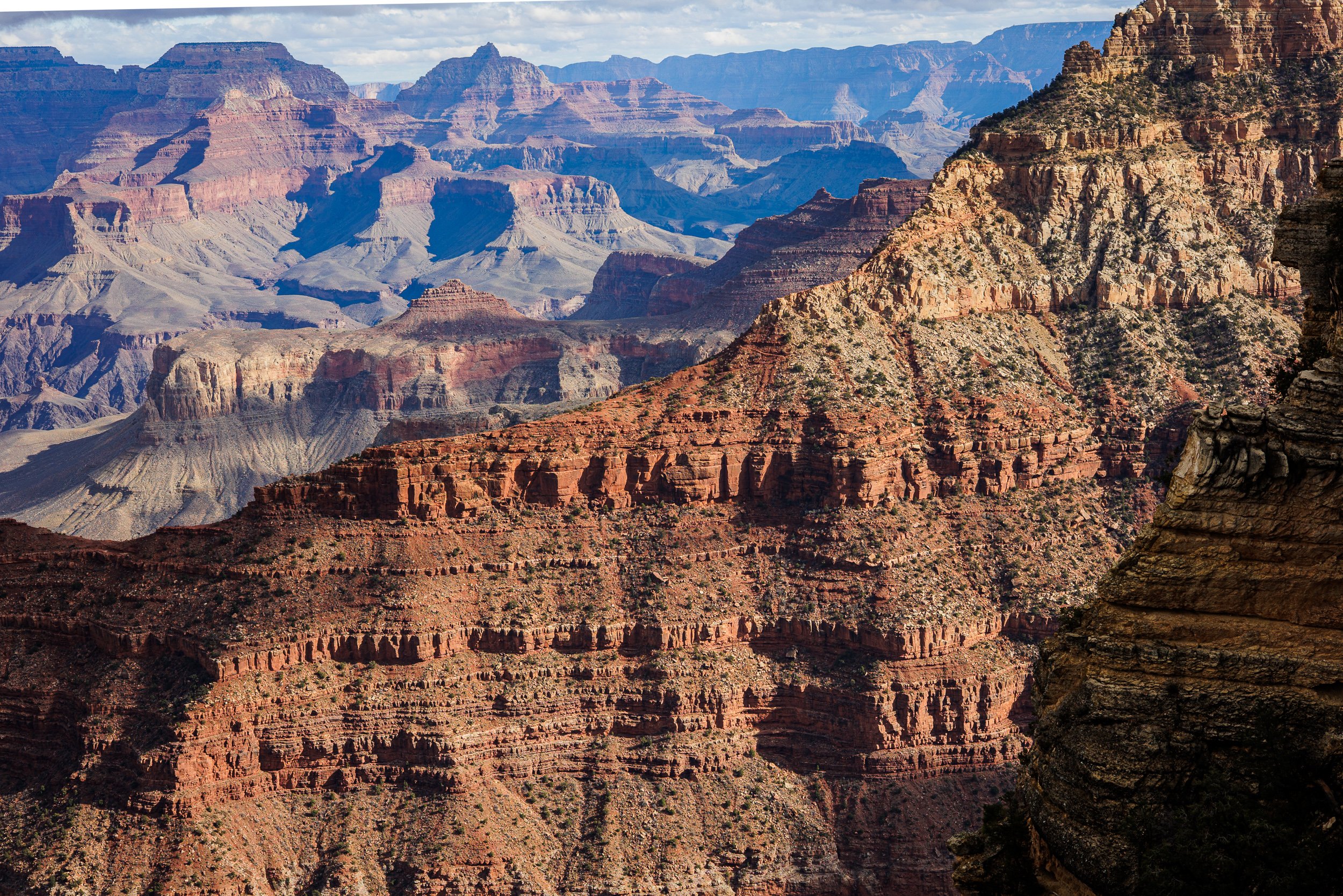 Panoramic view of the Grand Canyon showing layered red, orange, and brown rock formations and cliffs under a partly cloudy sky.