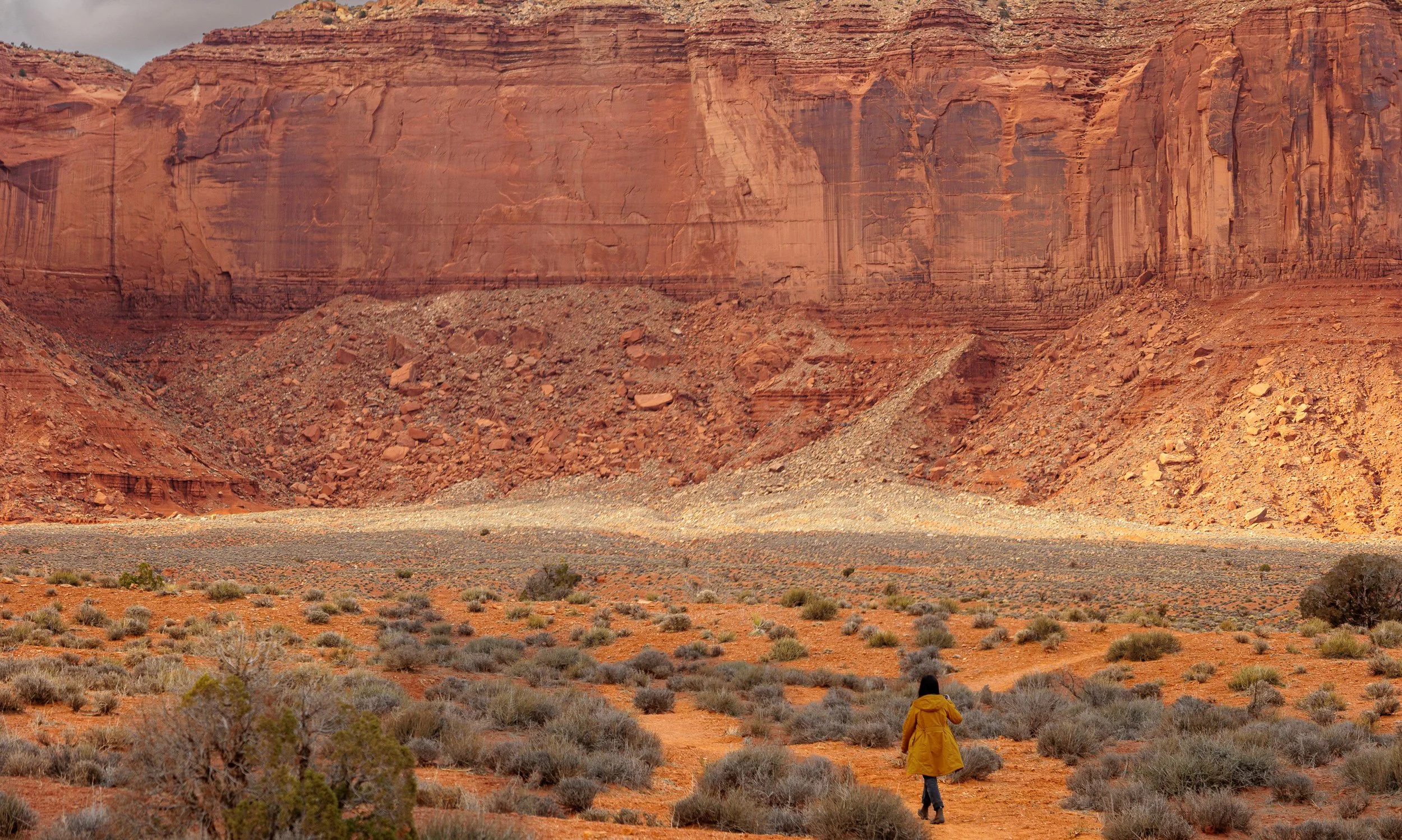A person walking in a desert landscape with red rock formations and sparse vegetation, wearing a yellow coat.