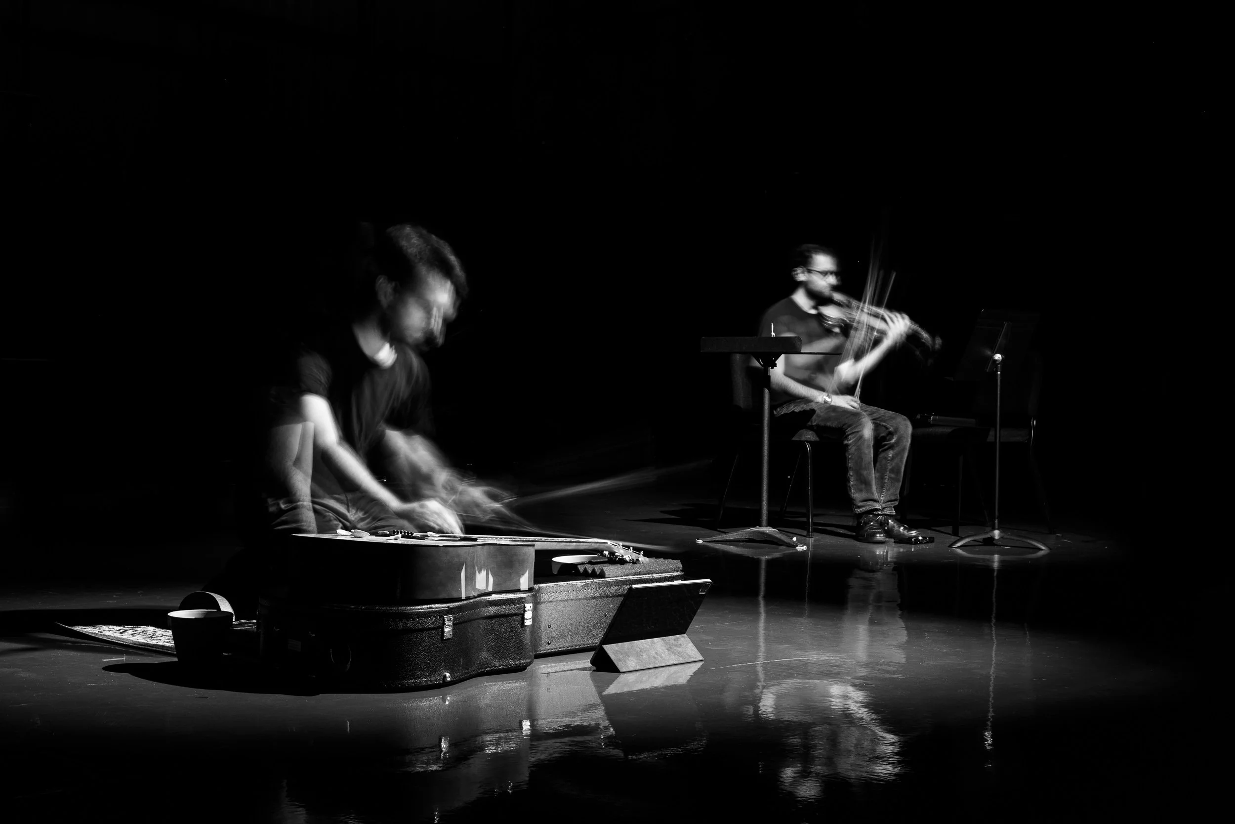 Two musicians performing on stage with a guitar and violin in a black and white photo, motion blur indicating movement.