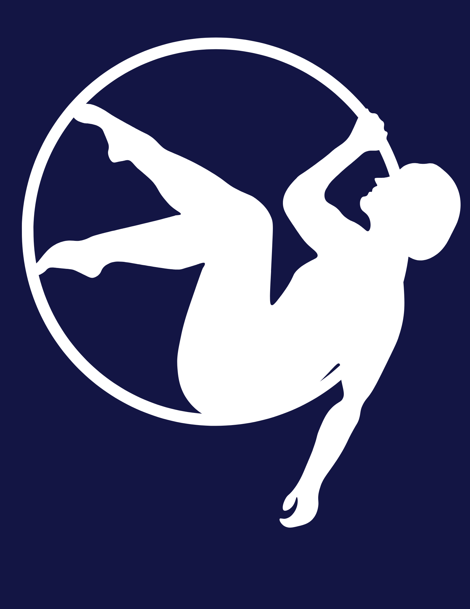 Silhouette of a person performing an acrobatic pose inside a circle, with a dark blue background.