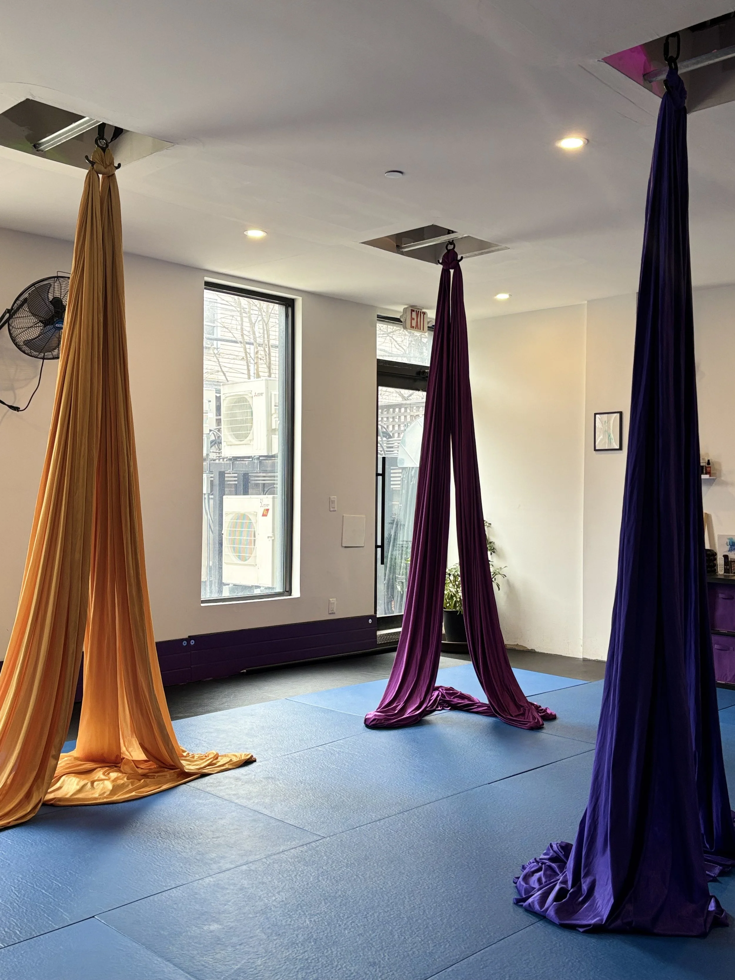 An indoor aerial yoga studio with colored silks hanging from the ceiling, blue padded flooring, and large windows letting in natural light.