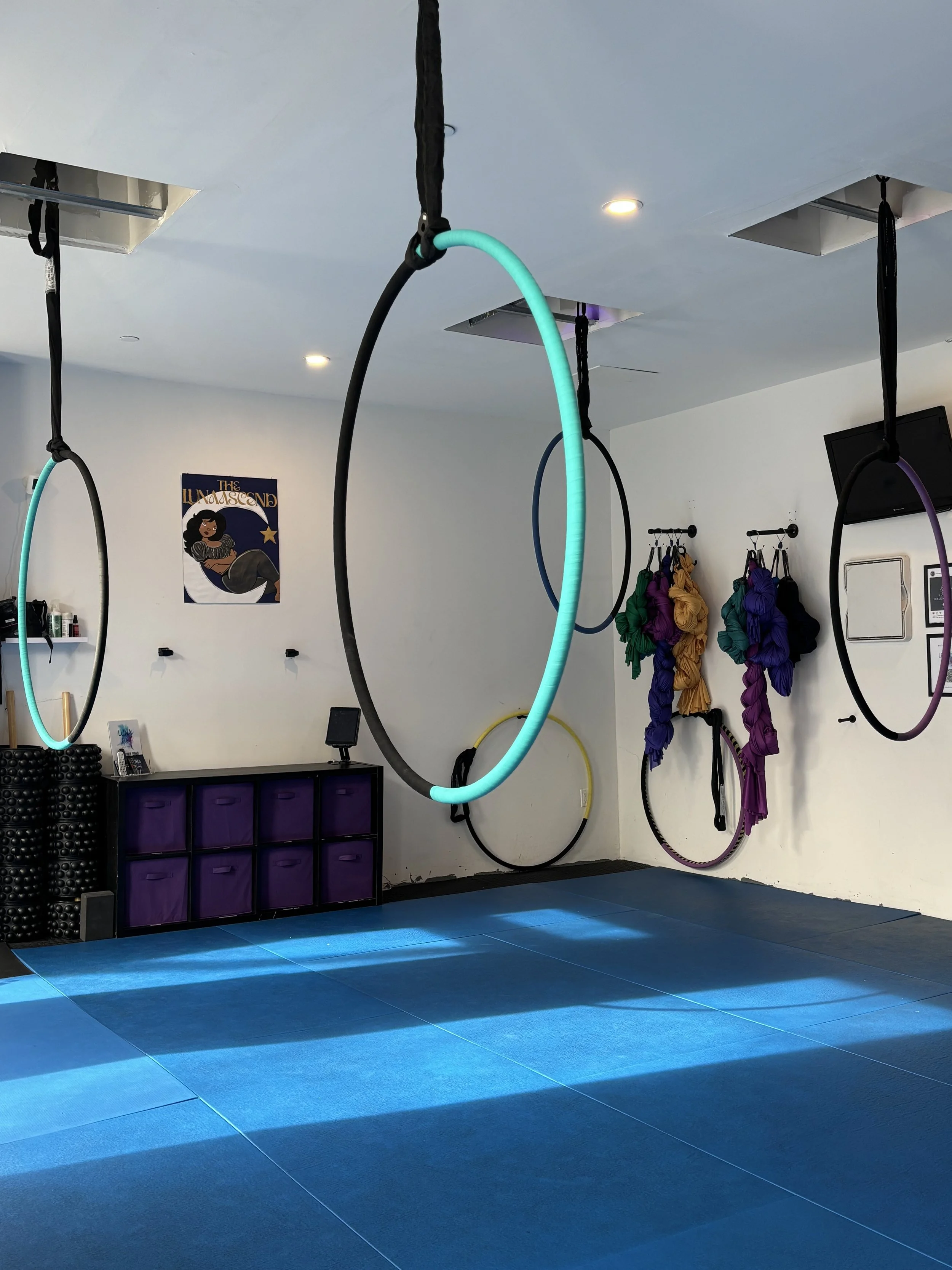 Indoor fitness studio with hanging aerial hoops and mats, purple storage bins, and colorful resistance bands on the wall.