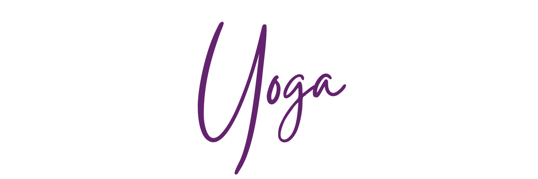 The word 'Yoga' written in purple cursive script on a white background.