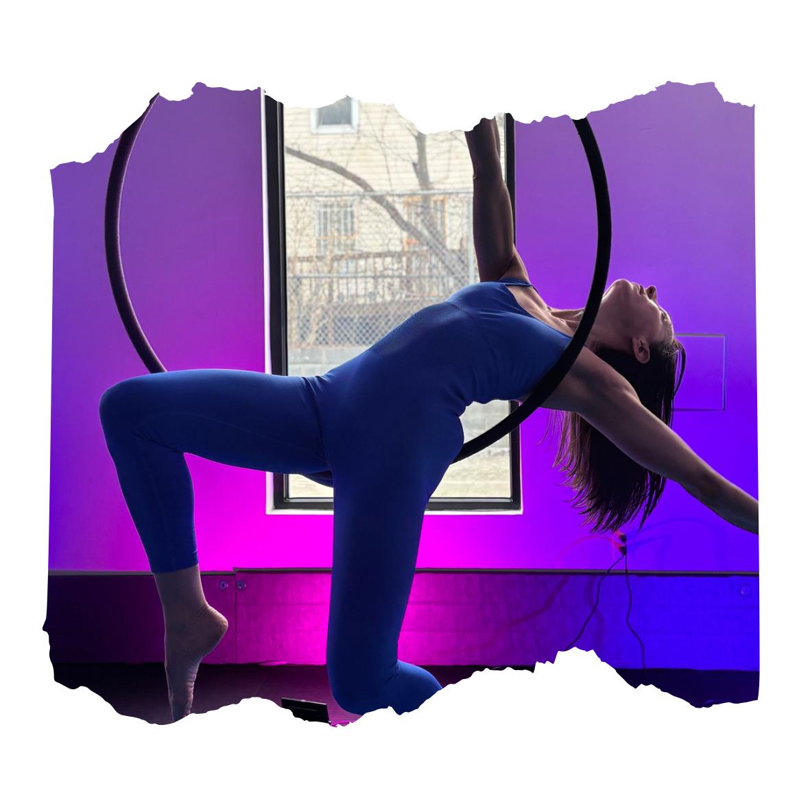 Woman practicing aerial hoop yoga or dance in front of a window with purple lighting.