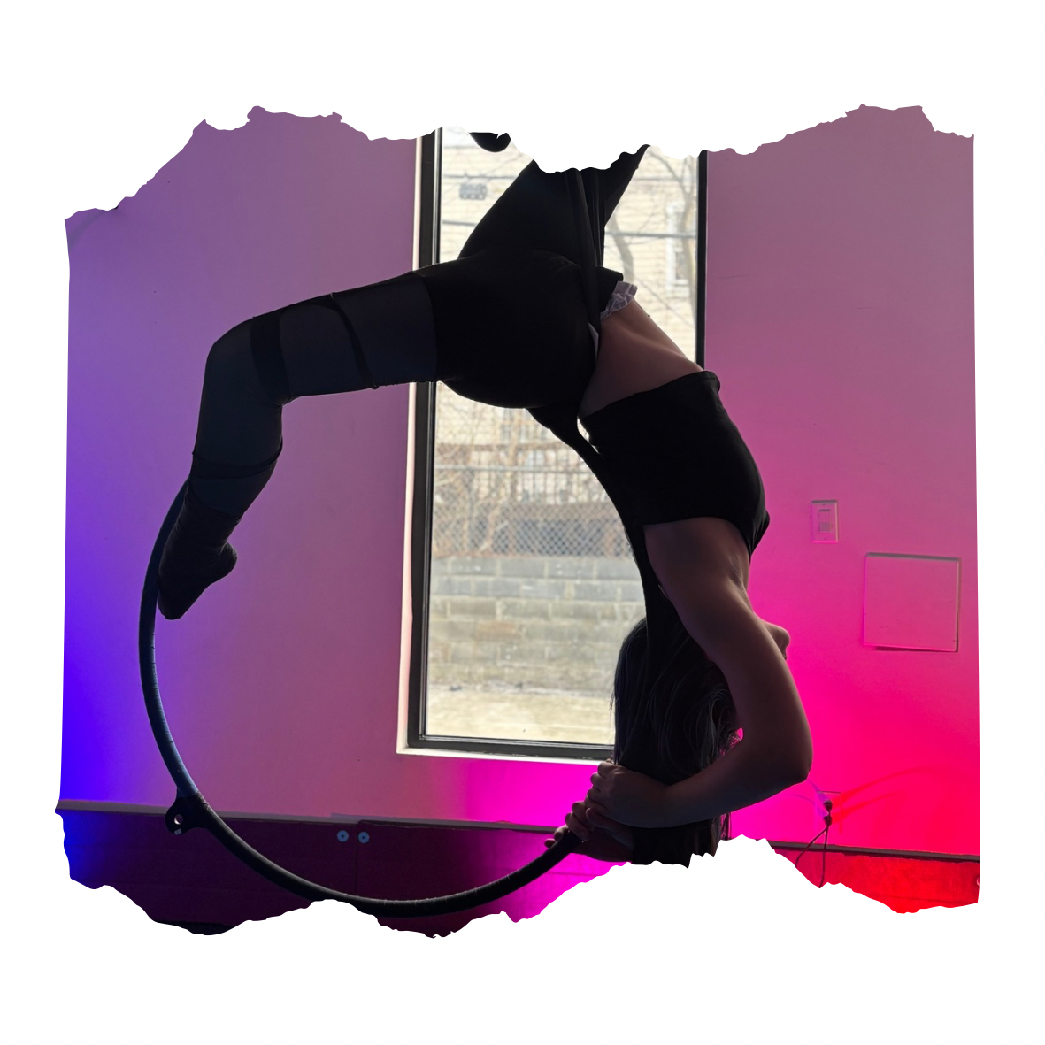 Person performing aerial acrobatics on a hoop in a studio with purple and pink lighting.