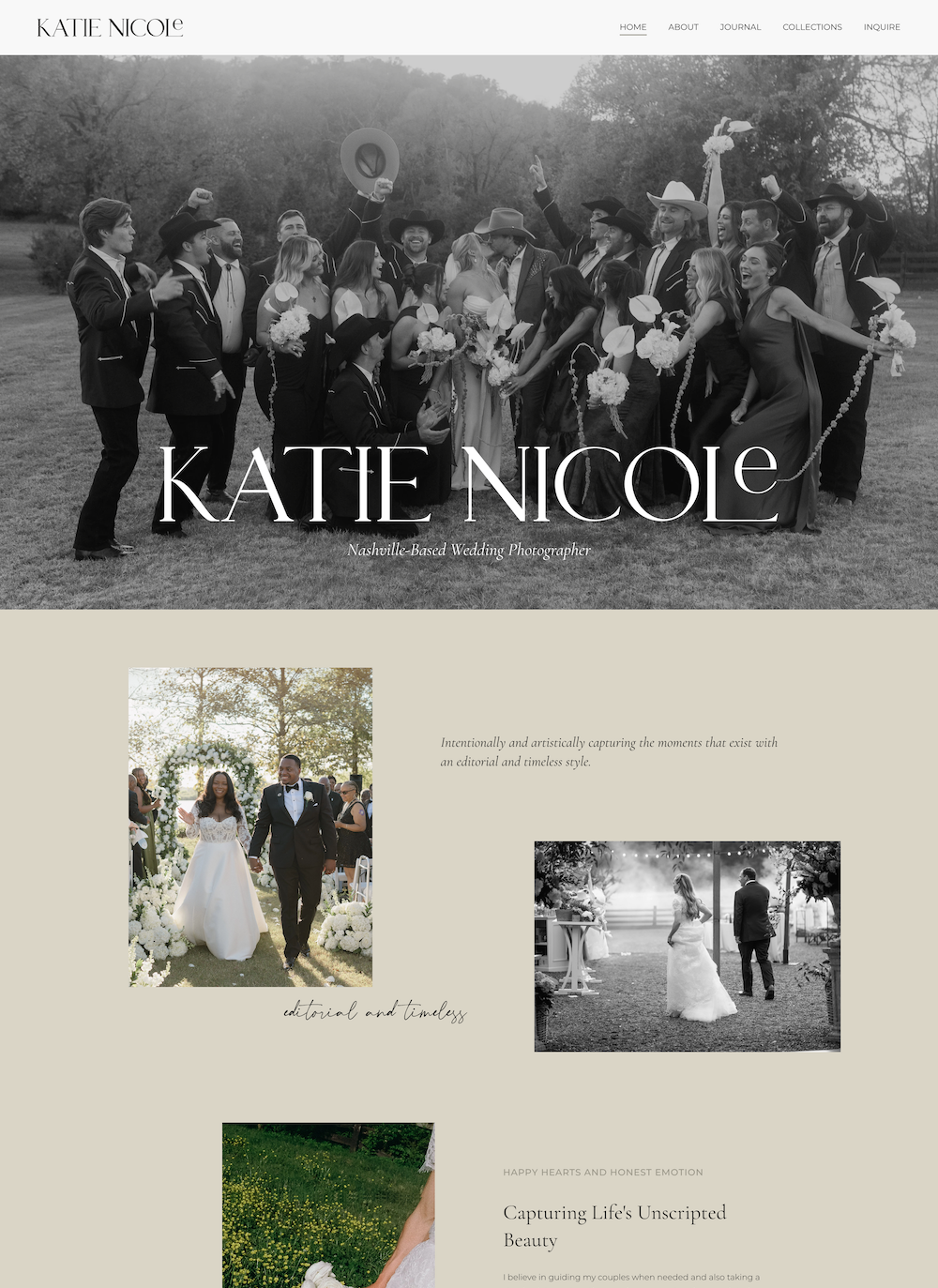 Wedding website homepage featuring images of a bride and groom, wedding party, and wedding scenes, with the name Katie Nicole prominently displayed.