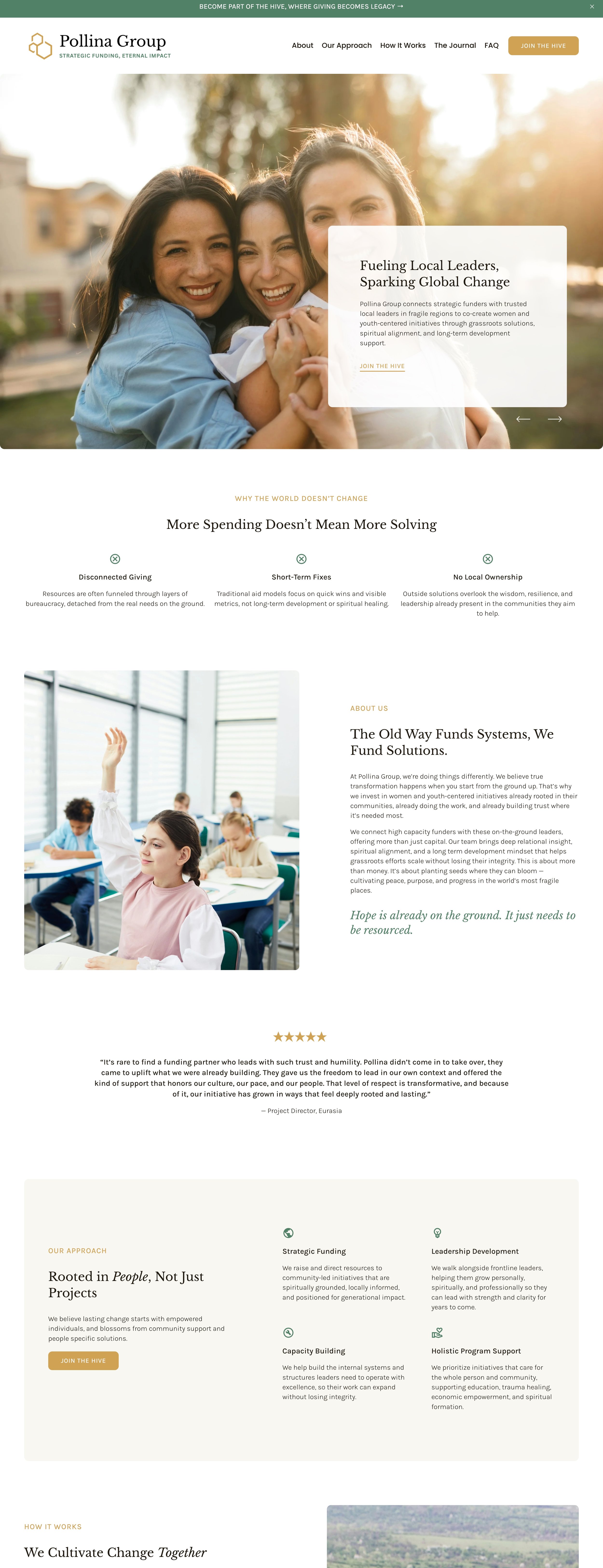 Screenshot of a website for Pollina Group with images of smiling women and students, text about funding solutions and community initiatives, and navigation links.