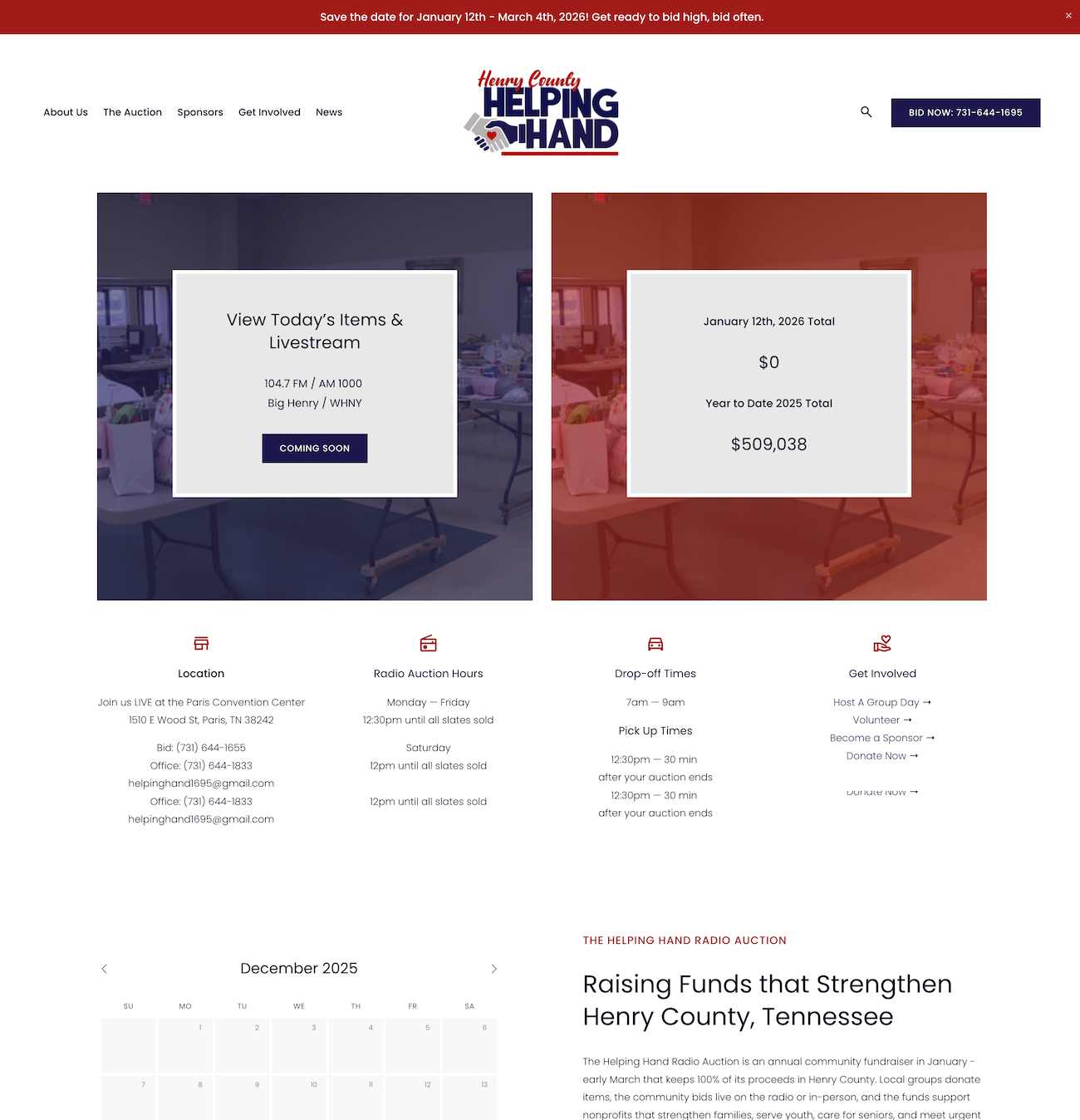 Homepage of the Helping Hand Henry County radio auction website, featuring event details, donation goals, auction schedule, and volunteer information.