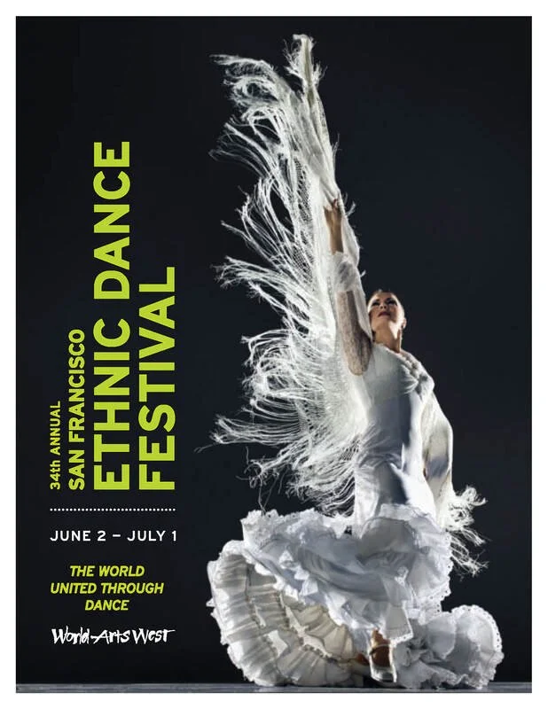 Poster for the 34th annual San Francisco Ethnic Dance Festival featuring a flamenco dancer in a flowing white dress; June 2–July 1.