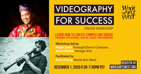 World Arts West flyer for a "Videography for Success" online workshop, featuring colorful portraits of a performer and a musician.