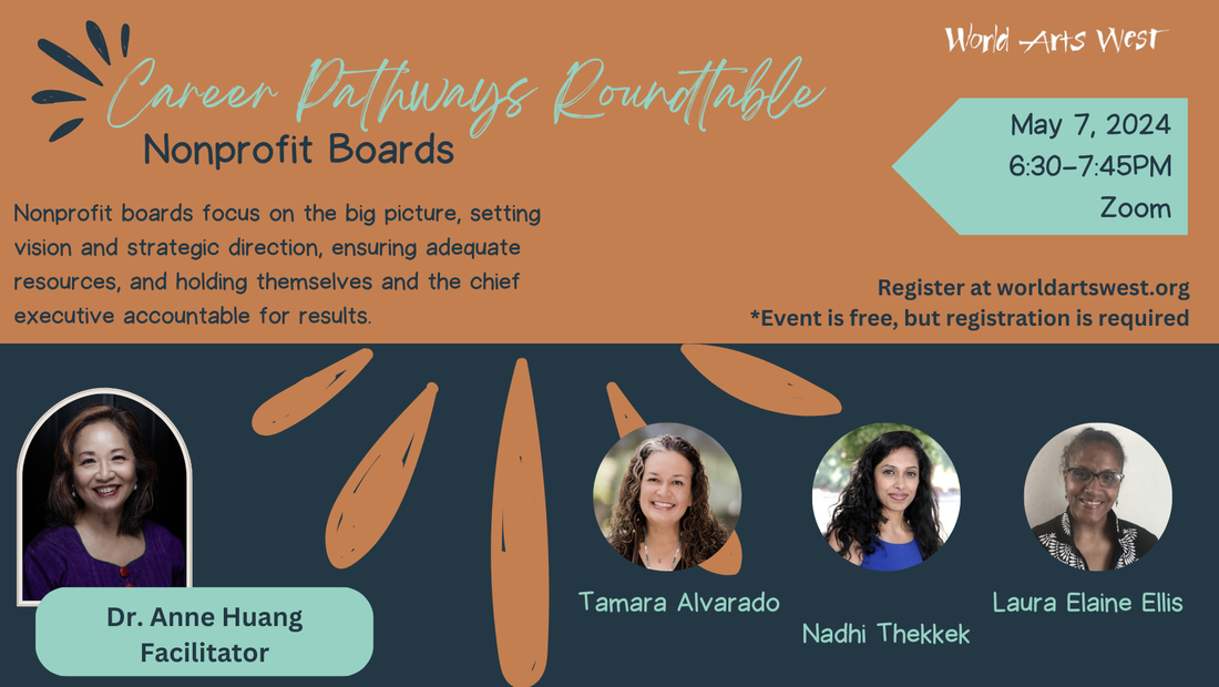 World Arts West Career Pathways Roundtable: Nonprofit Boards webinar flyer featuring facilitator Dr. Anne Huang and panelists Tamara Alvarado, Nadhi Thekkek, and Laura Elaine Ellis, May 7, 2024 on Zoom.