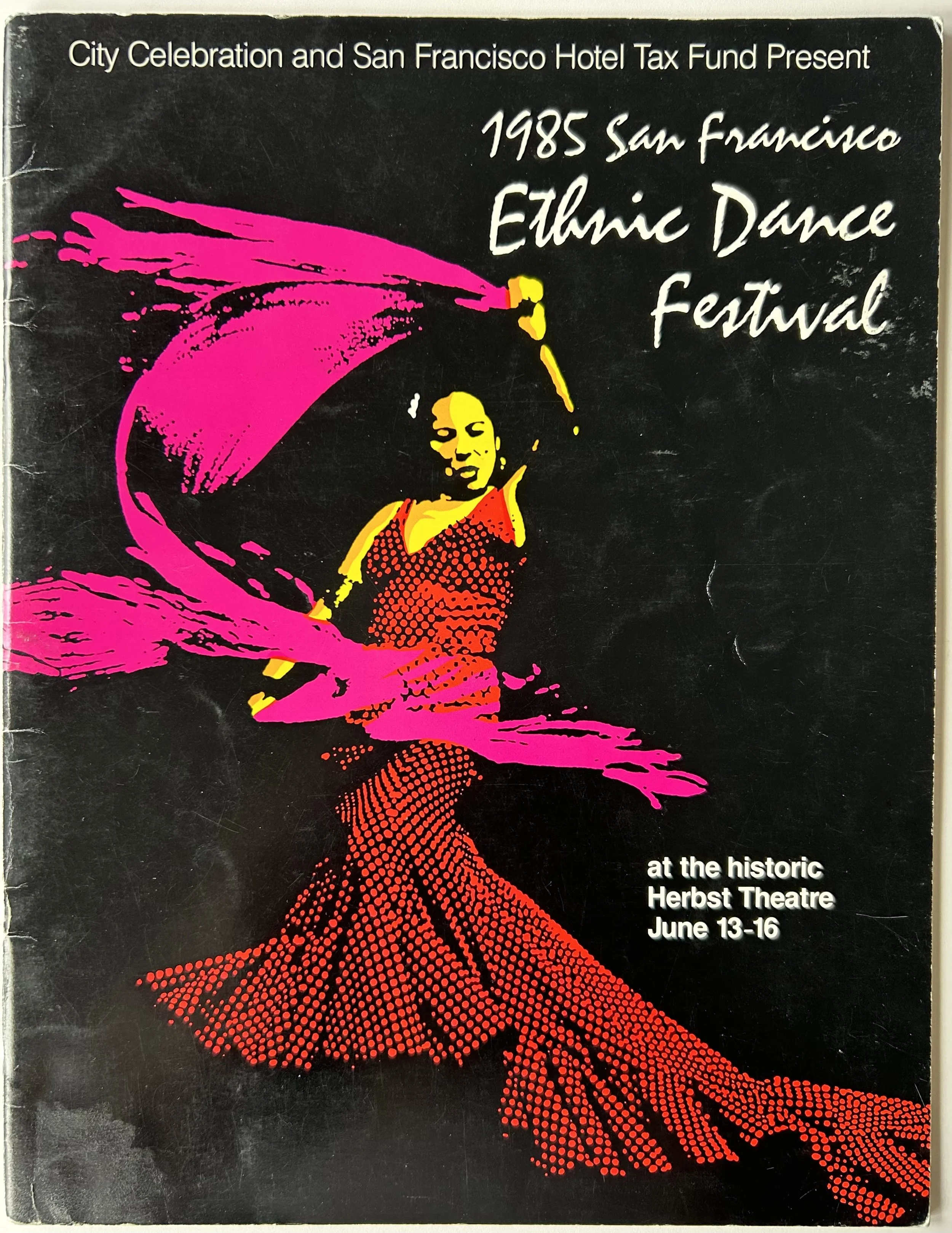 1985 San Francisco Elaine Dance Festival poster featuring a colorful stylized dancer at the historic Herbst Theatre, June 13–16