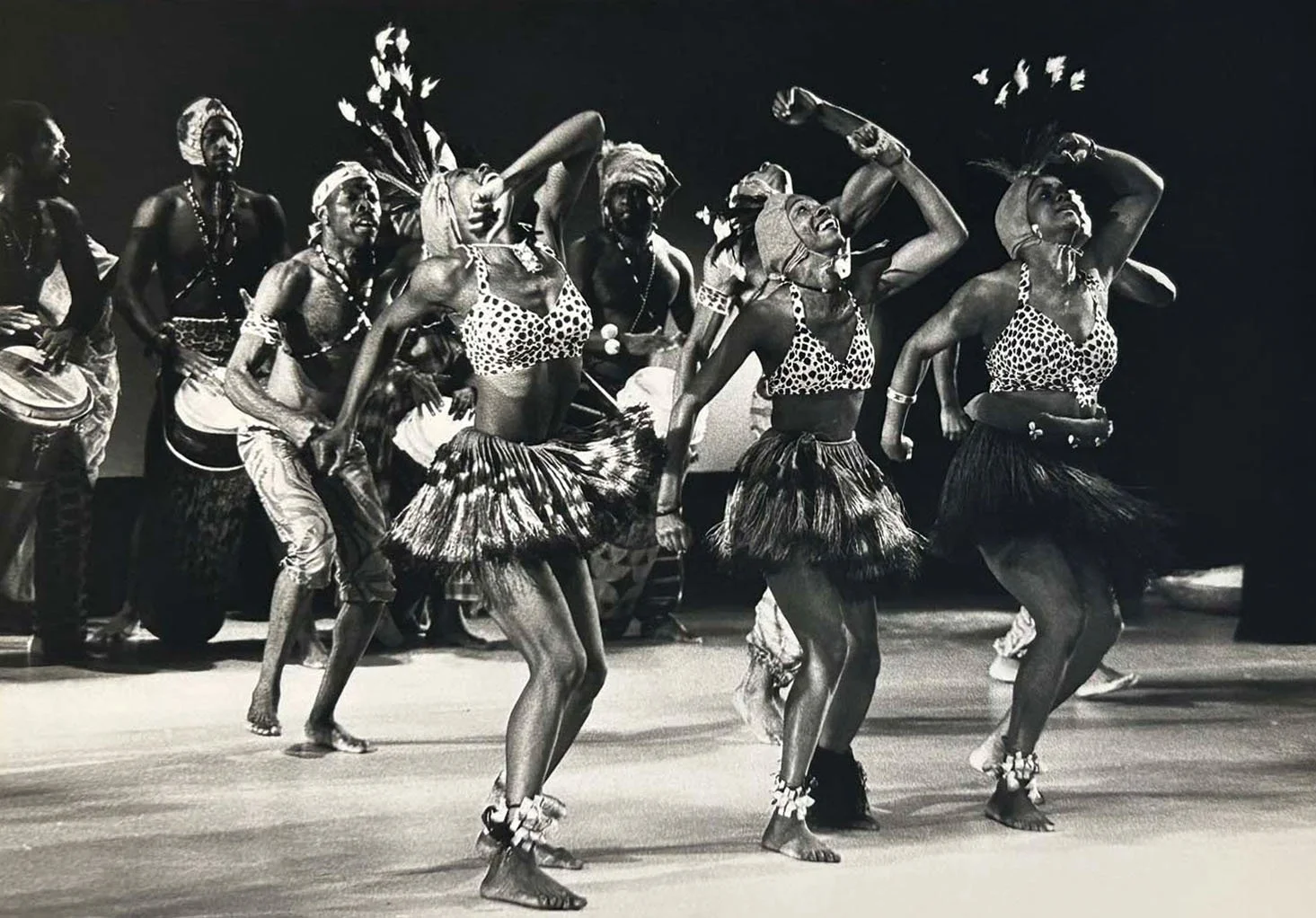 Black-and-white photo of African dancers performing in grass skirts and animal-print tops with drummers in the background
