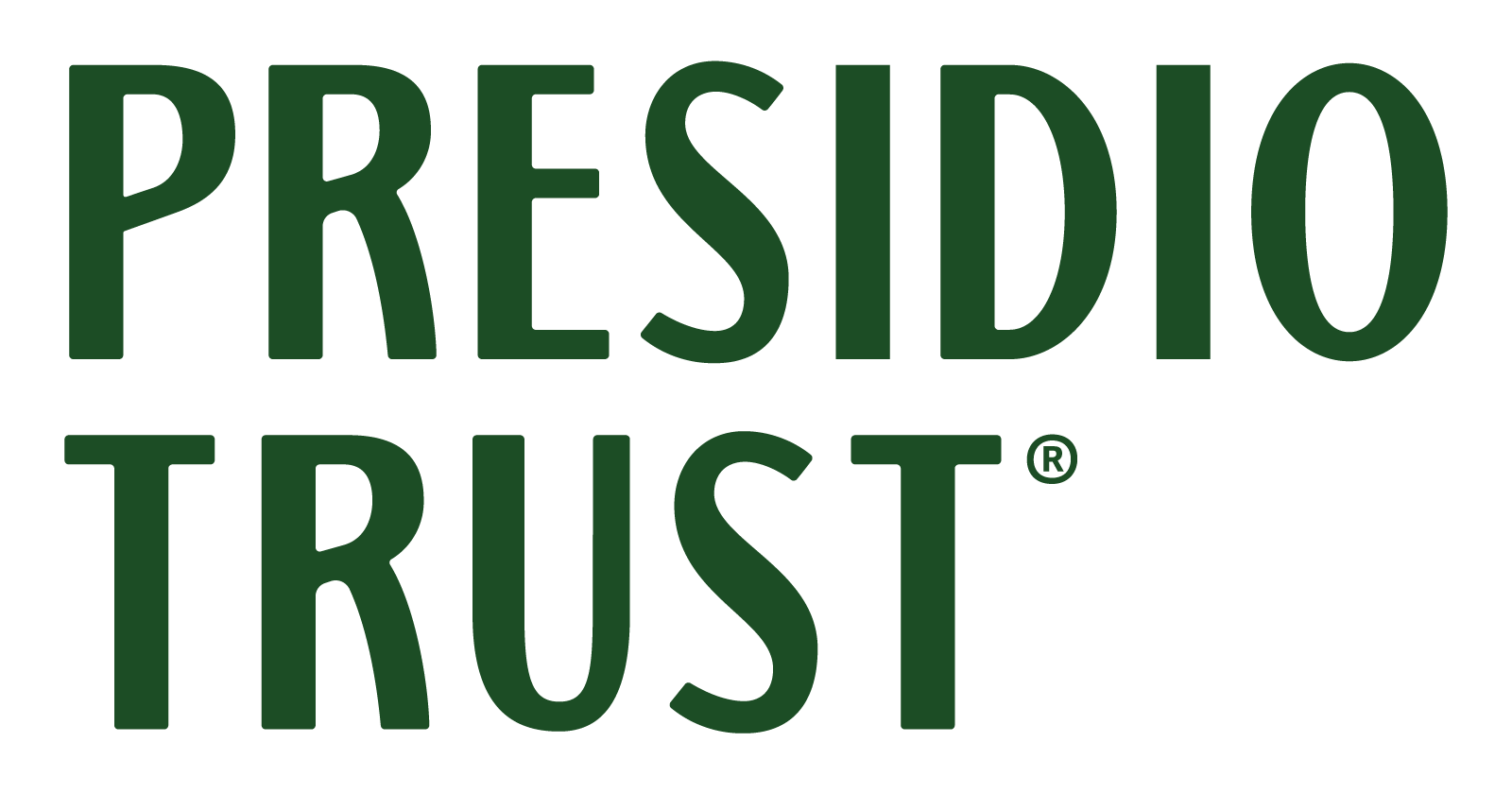 Presidio Trust logo in dark green text on a black background