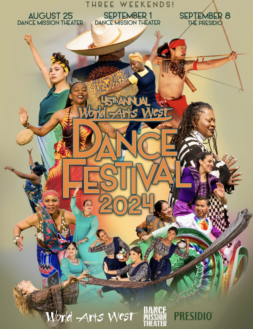 45th Annual World Arts West Dance Festival 2024 poster featuring diverse dancers in colorful cultural costumes; performances August 25, September 1, and September 8.