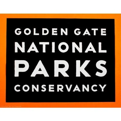 Golden Gate National Parks Conservancy logo in white text on a black rectangle with an orange border