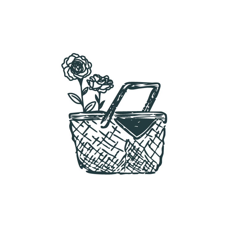 Une illustration d'un panier en osier contenant un smartphone, un chiffon et deux fleurs.