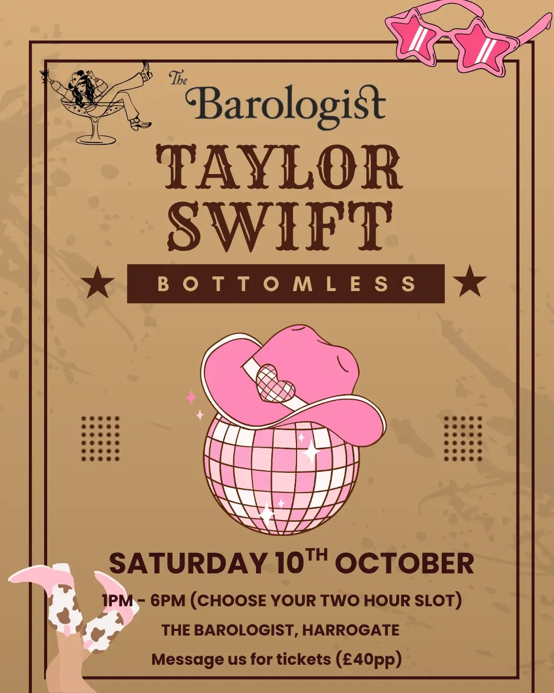 Event poster for a bottomless drink event hosted by Taylor Swift at The Barologist in Harrogate on Saturday, October 10th, from 1 PM to 6 PM, with pink star-shaped sunglasses and a pink disco ball graphic.